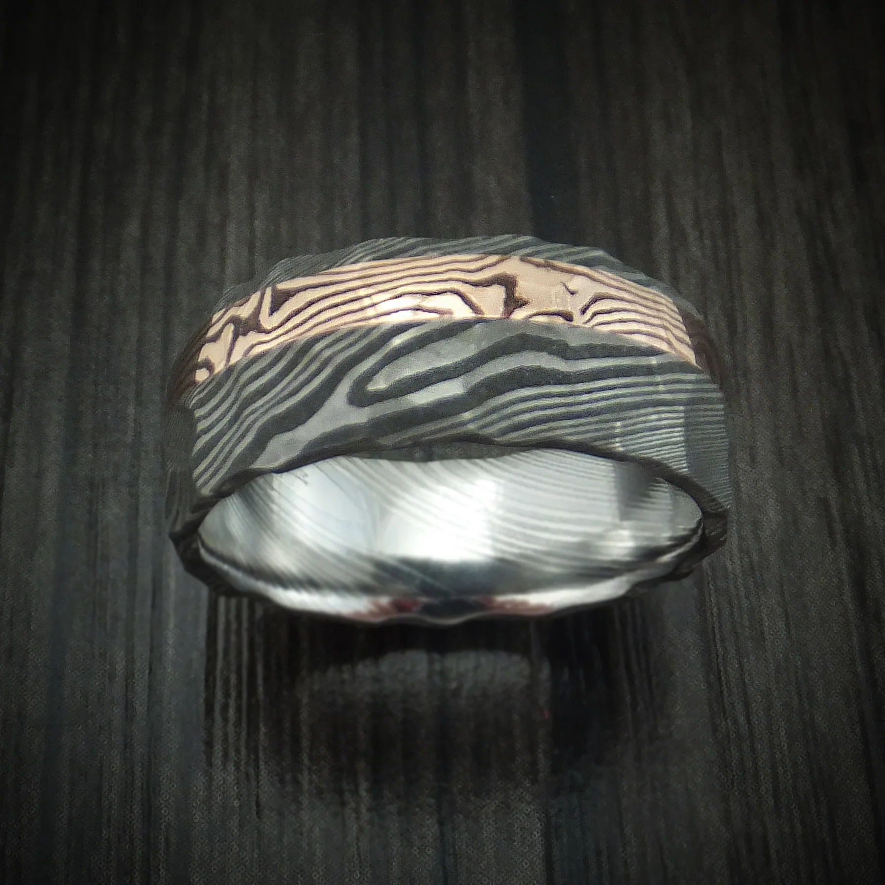 Damascus Steel And 14K Rose Gold Mokume Shakudo Rock Hammered Men's Band Custom Made - Image 2