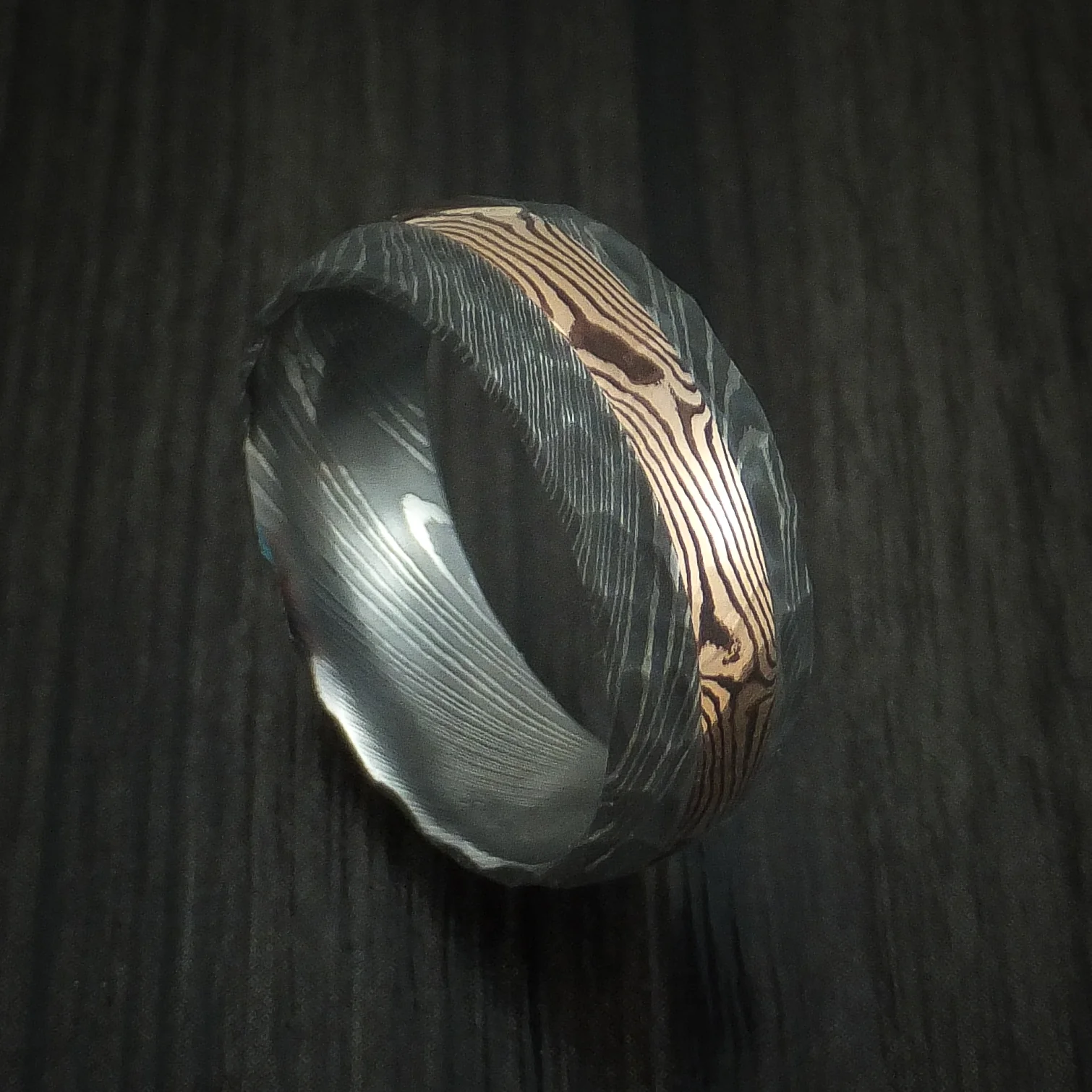 Damascus Steel and 14K Rose Gold Mokume Shakudo Rock Hammered Men's Band Custom Made