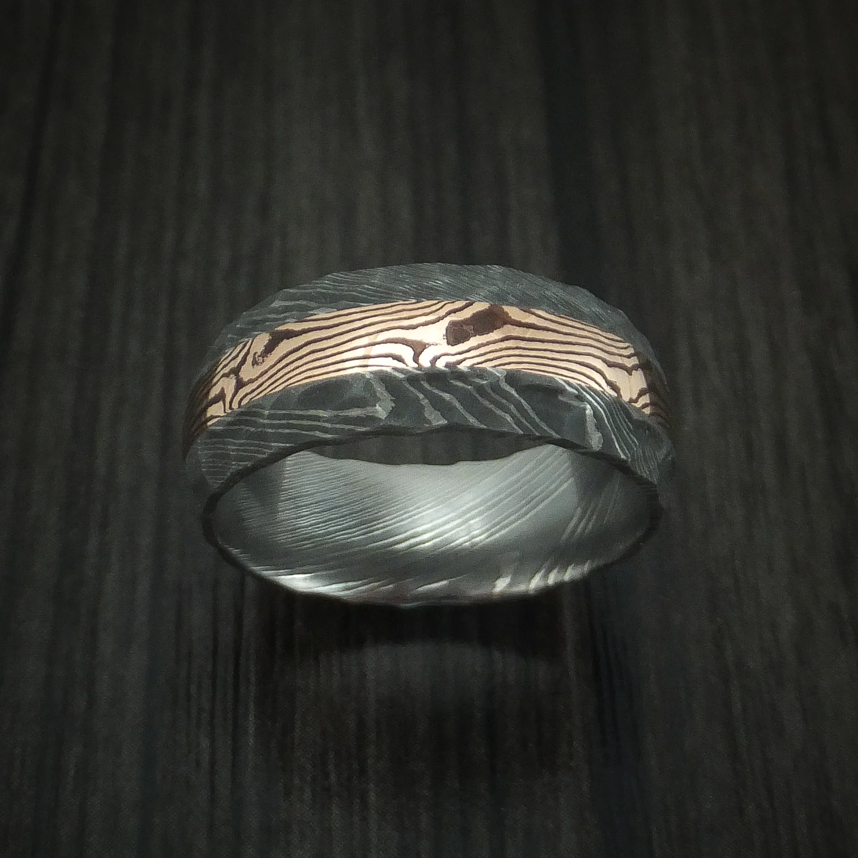 Damascus Steel and 14K Rose Gold Mokume Shakudo Rock Hammered Men's Band Custom Made - Image 2
