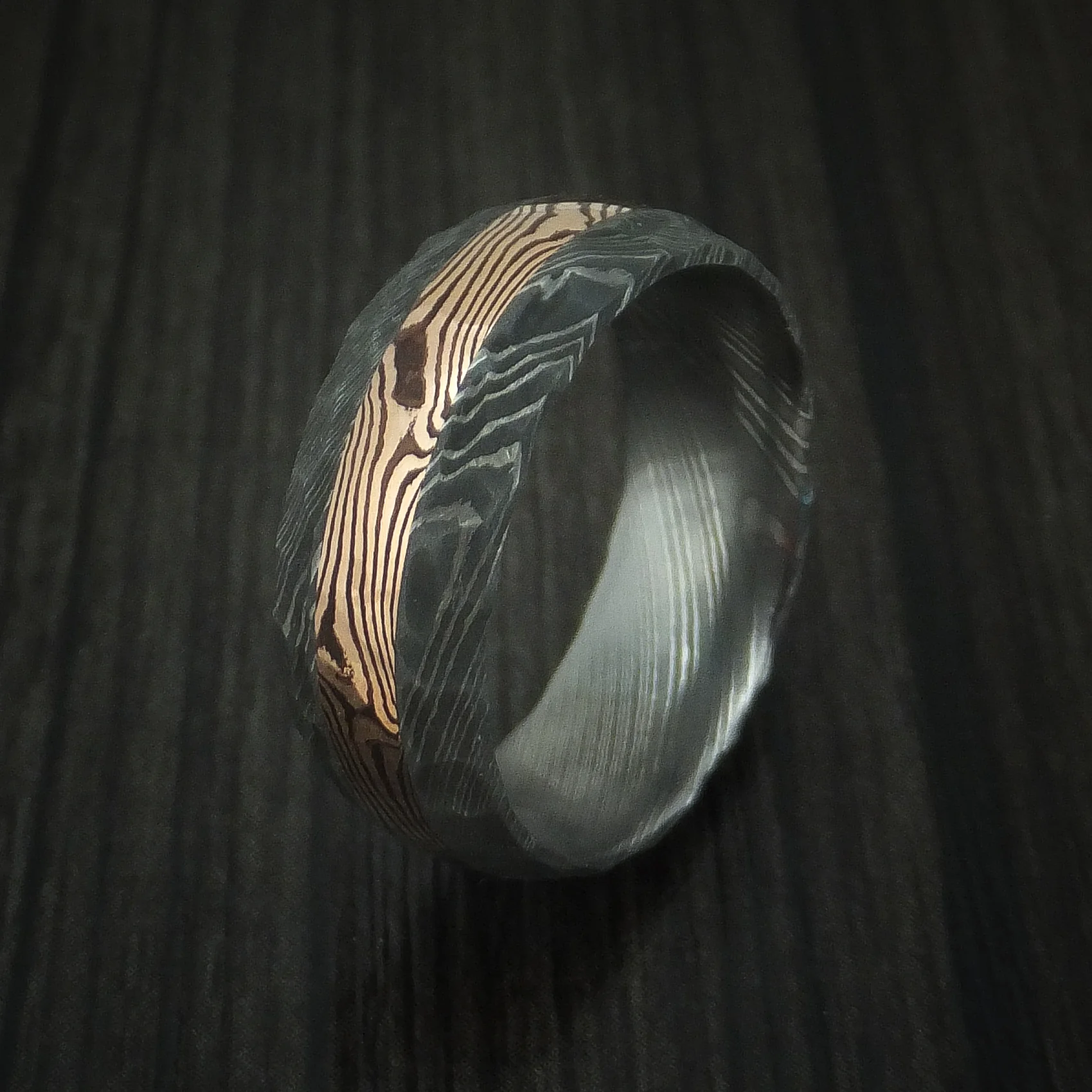 Damascus Steel and 14K Rose Gold Mokume Shakudo Rock Hammered Men's Band Custom Made - Image 3