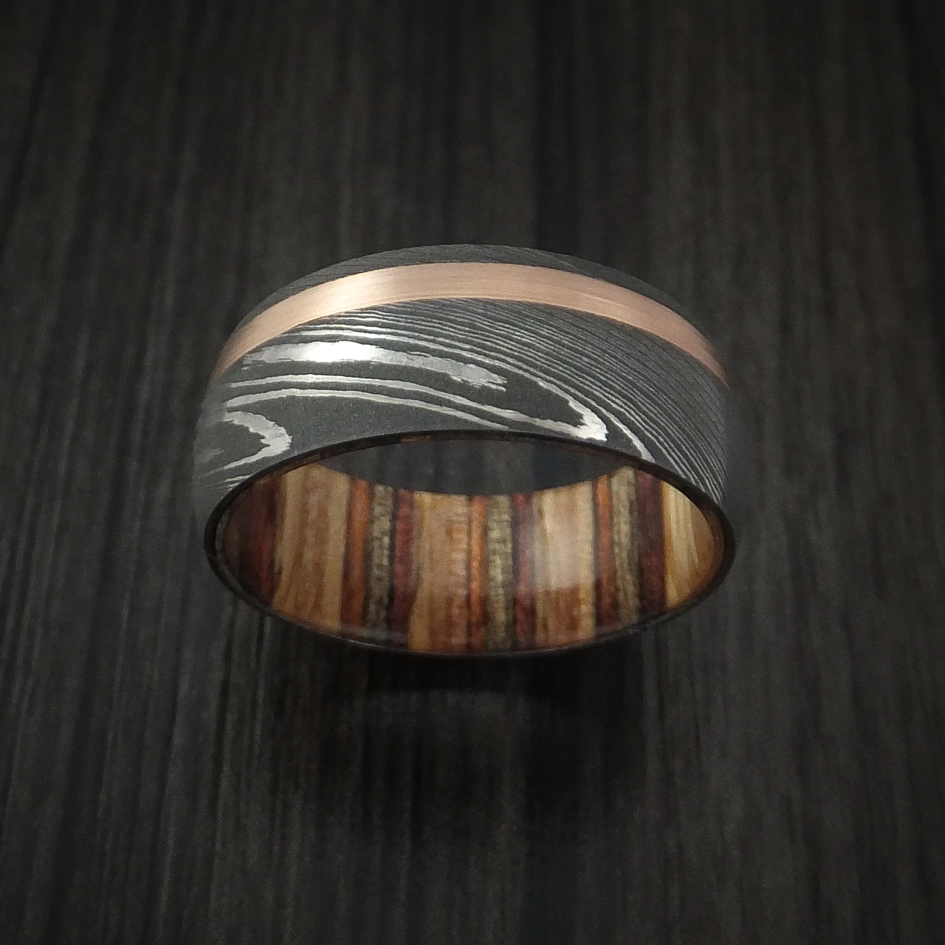 Damascus Steel and 14k Rose Gold Men's Ring with Hardwood Sleeve Custom Made Band - Image 2