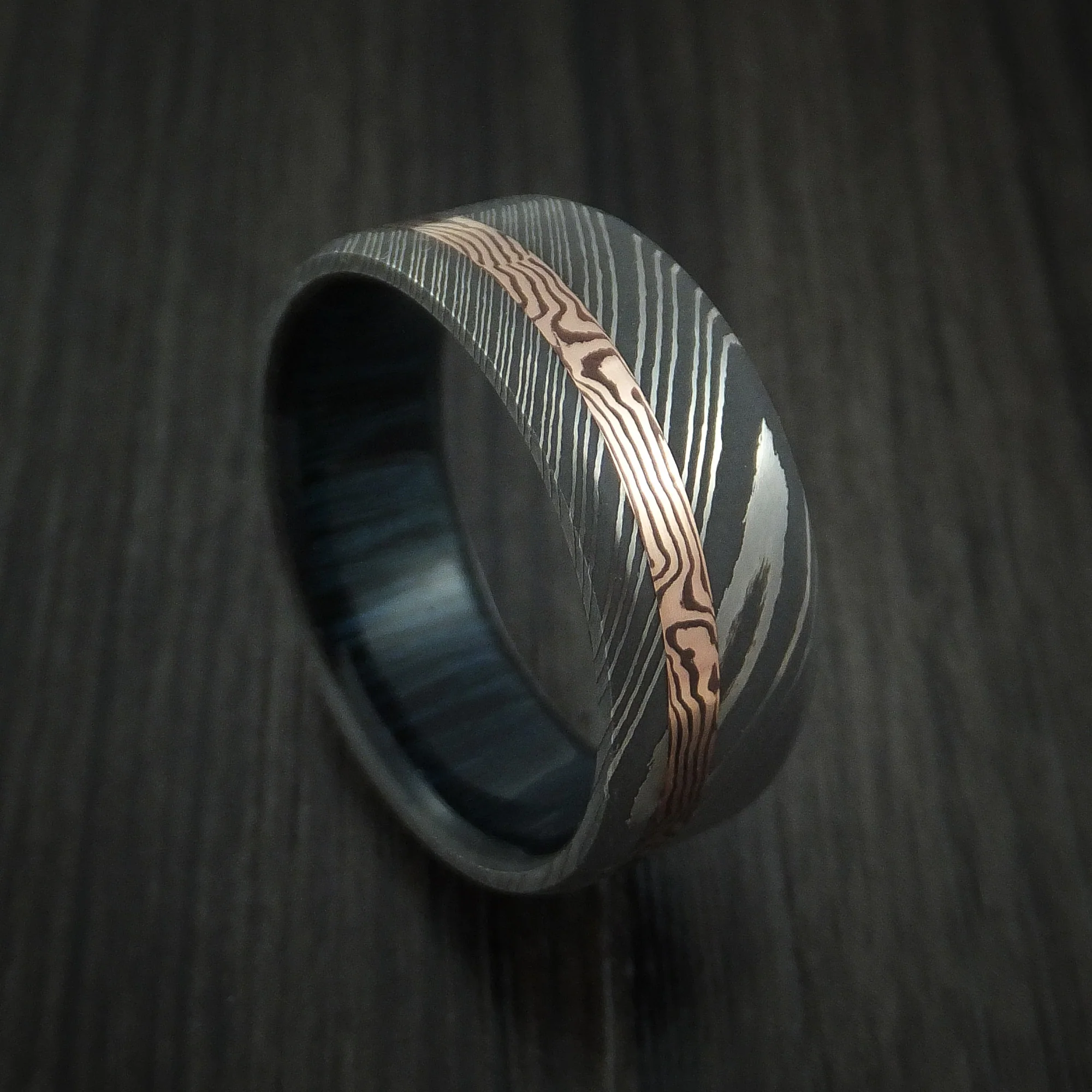 Damascus Steel and 14k Rose Gold Mokume Shakudo Inlay with a Blueberry Wood Sleeve