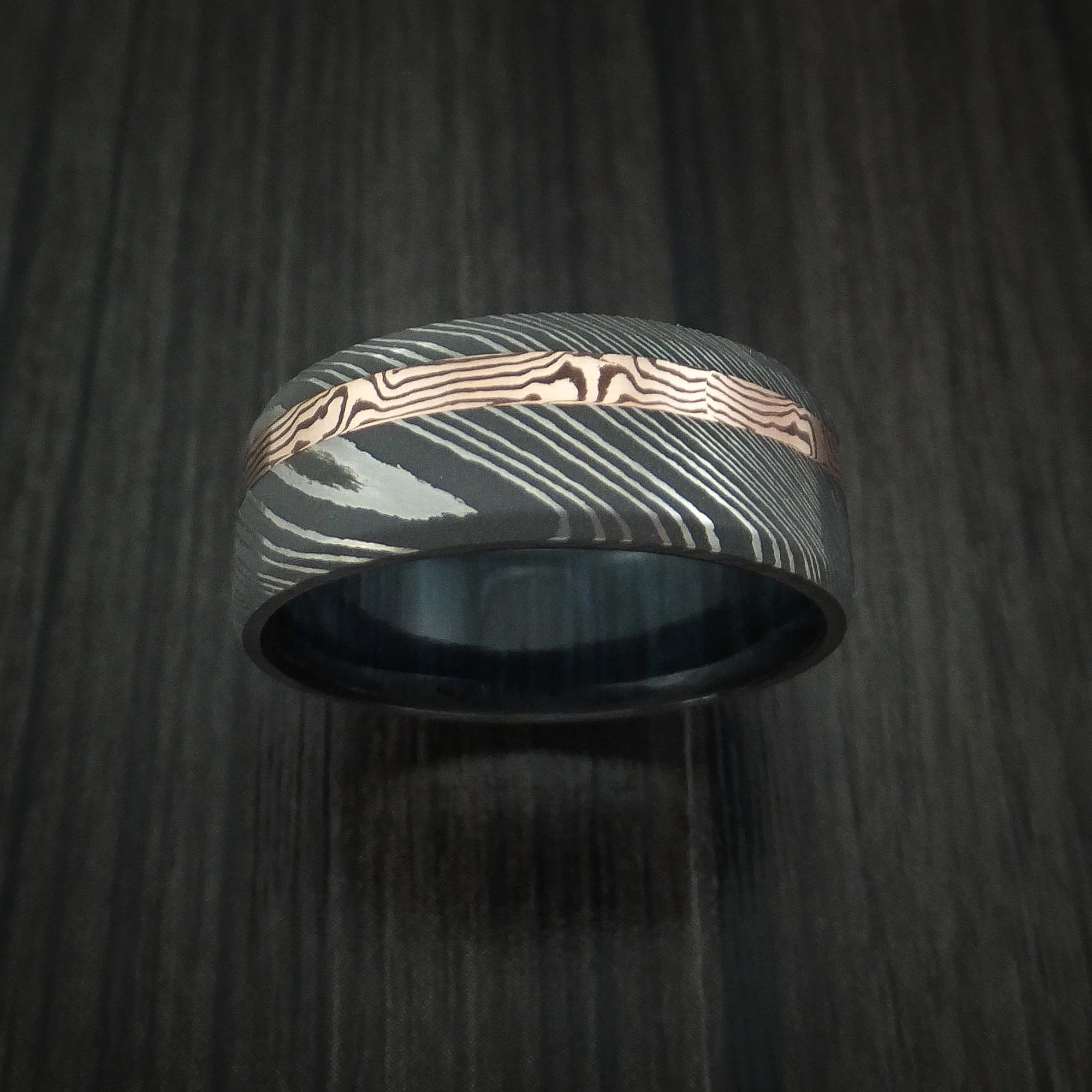 Damascus Steel and 14k Rose Gold Mokume Shakudo Inlay with a Blueberry Wood Sleeve - Image 2