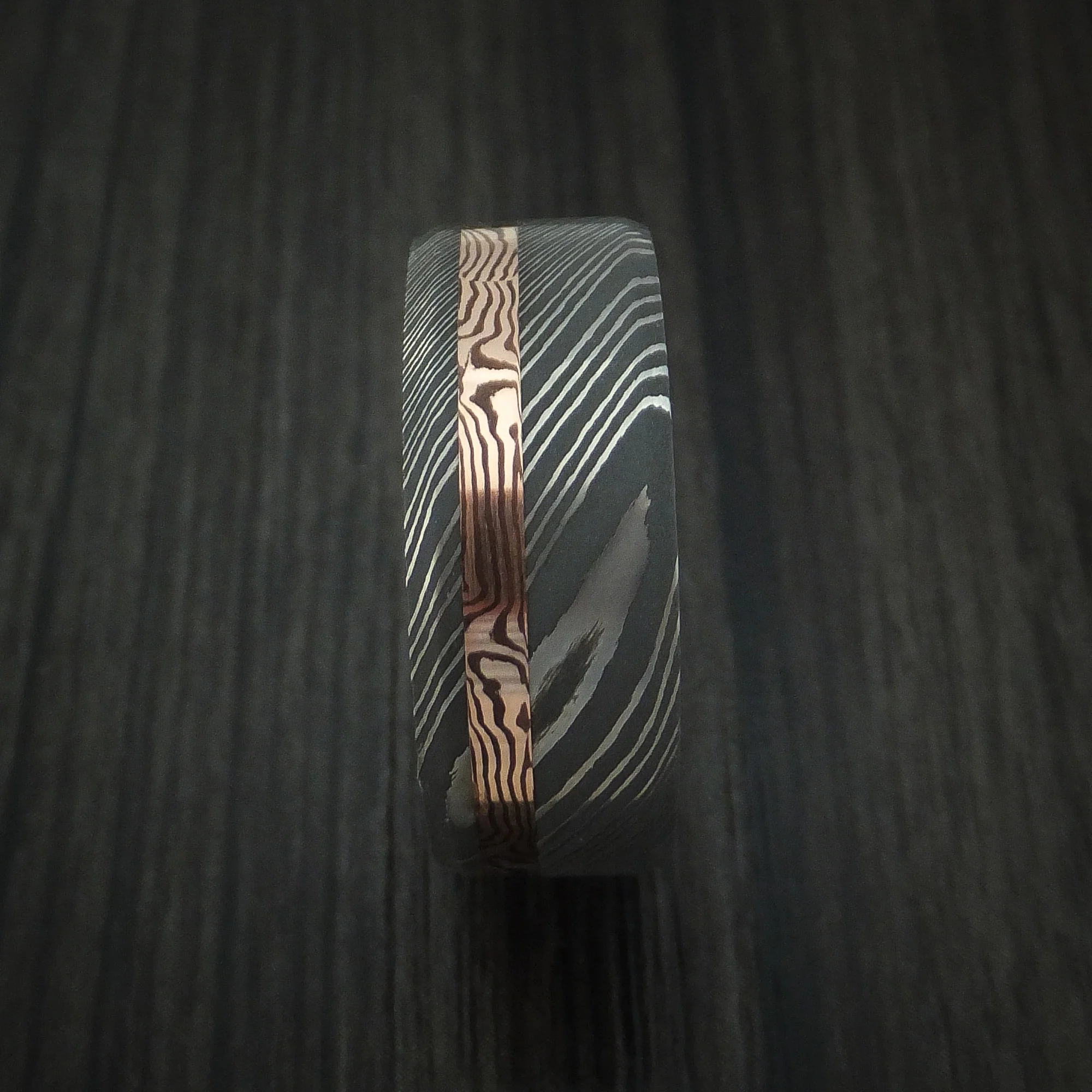 Damascus Steel and 14k Rose Gold Mokume Shakudo Inlay with a Blueberry Wood Sleeve - Image 3