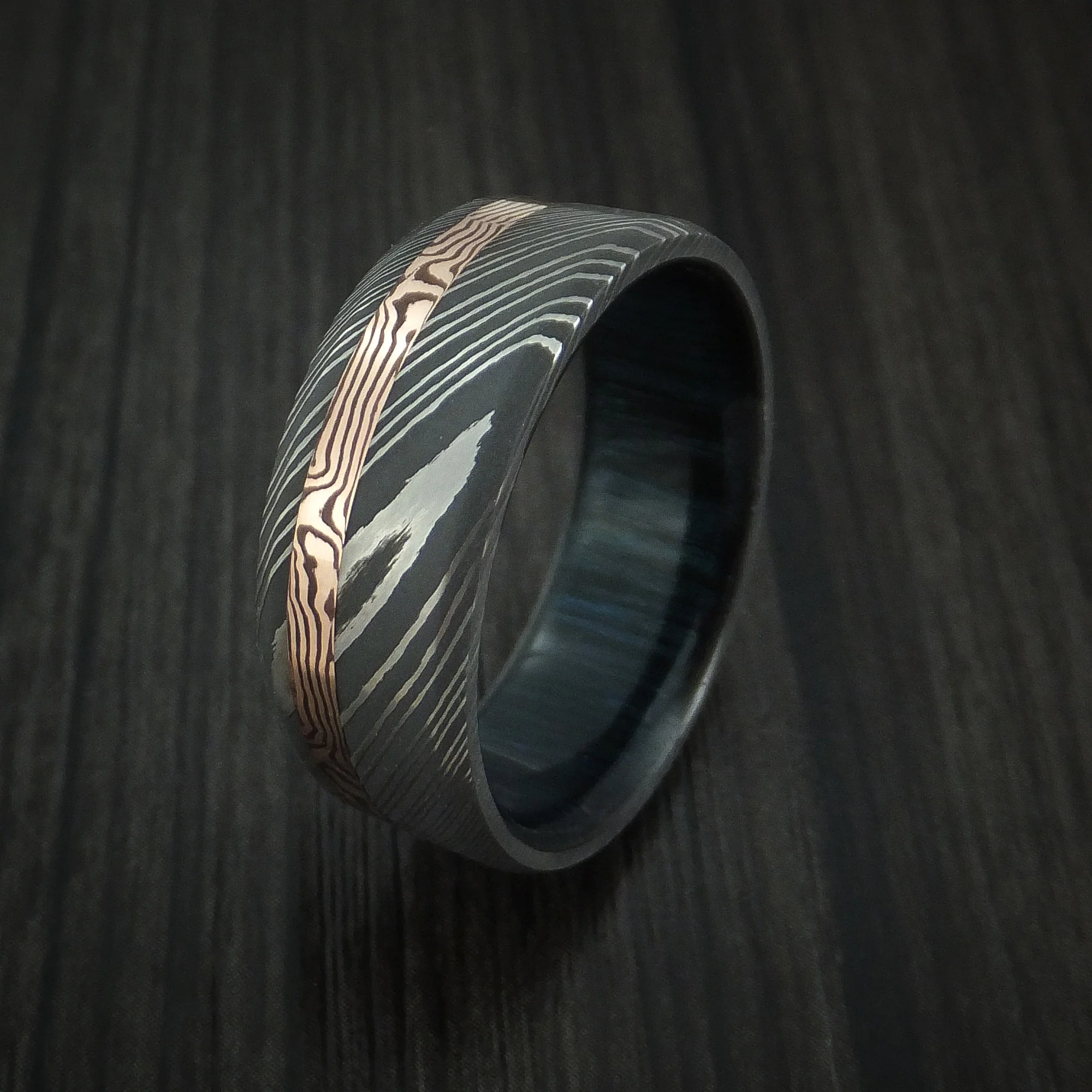 Damascus Steel and 14k Rose Gold Mokume Shakudo Inlay with a Blueberry Wood Sleeve - Image 4