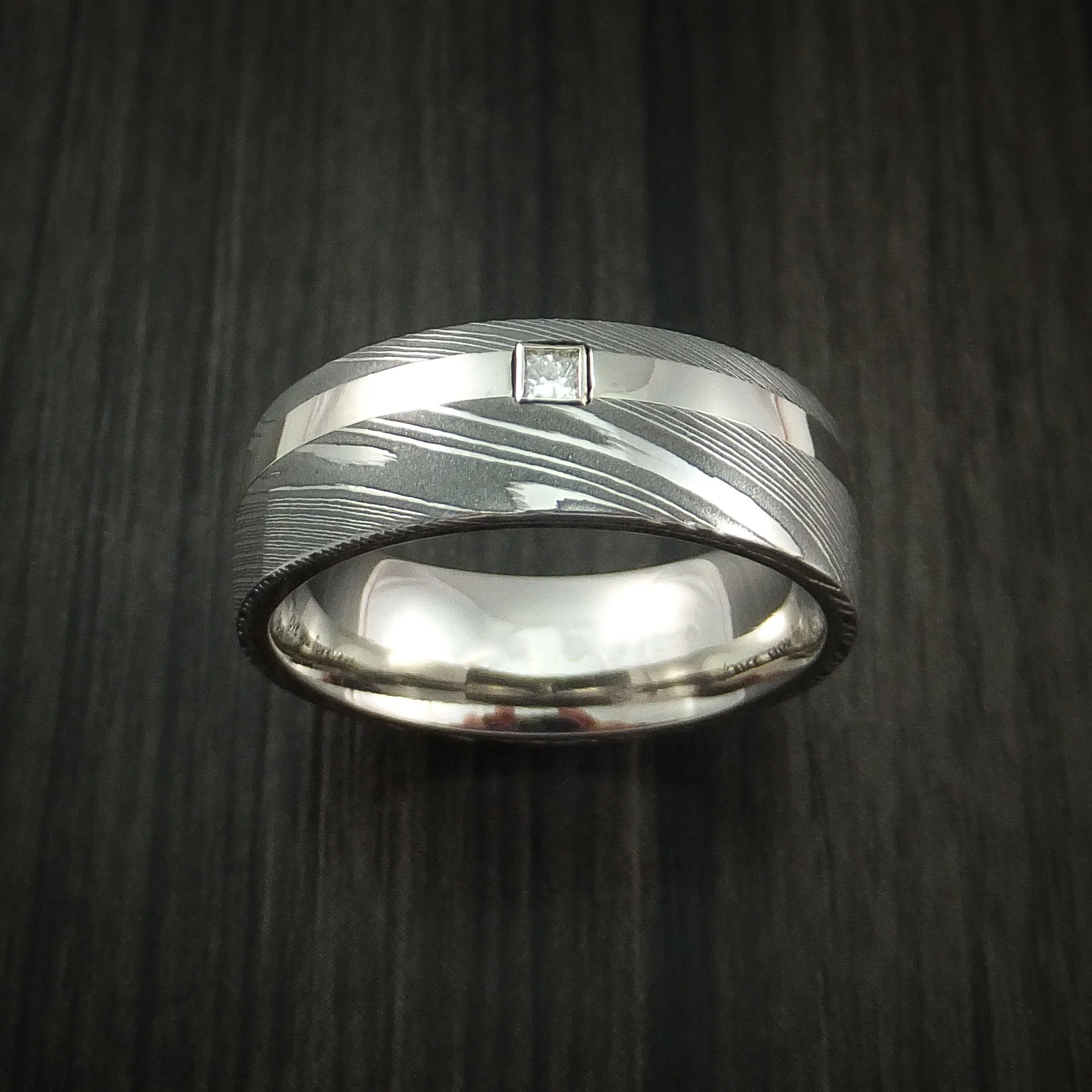 Damascus Steel and 14K White Gold Men's Ring with Diamond Custom Made Band - Image 2
