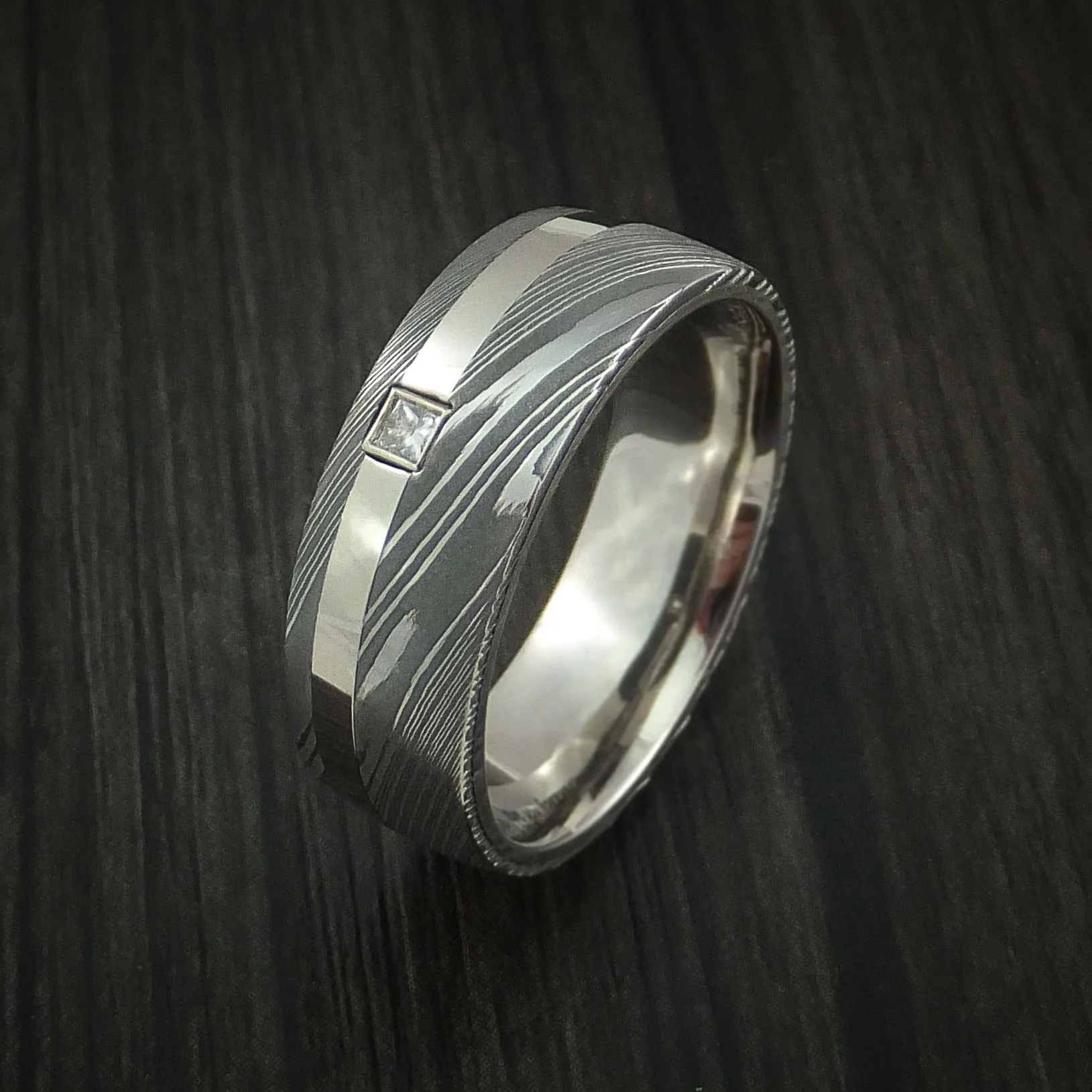 Damascus Steel and 14K White Gold Men's Ring with Diamond Custom Made Band - Image 4