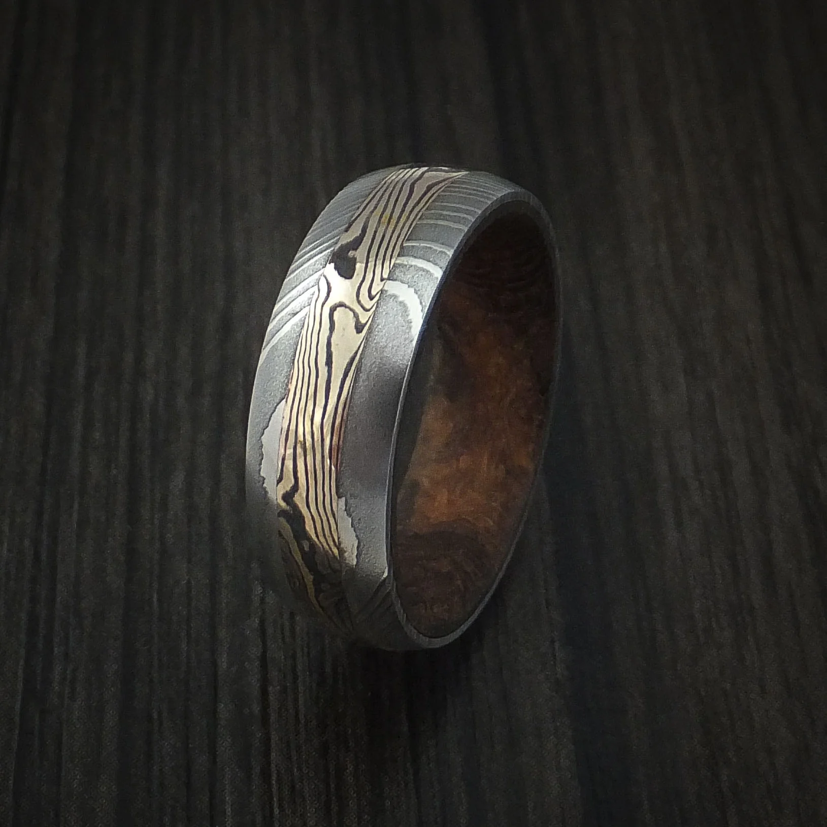 Damascus Steel and 18k Yellow Gold Mokume Shakudo Inlay and Hardwood Sleeve - Image 4