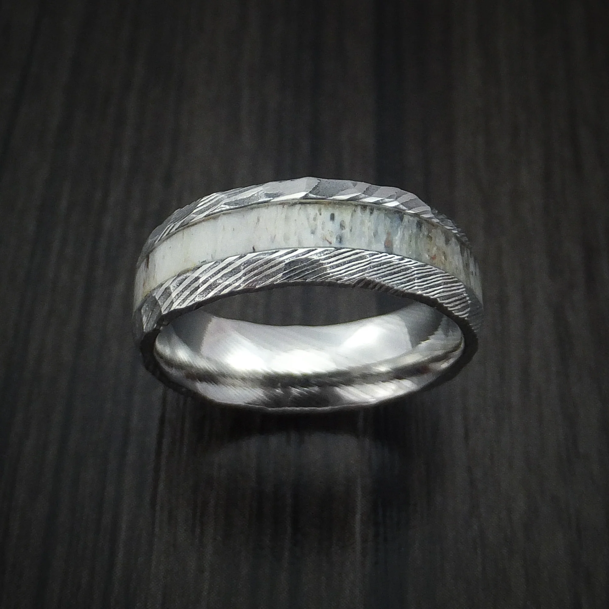Damascus Steel and Antler Rock Hammered Men's Ring Custom Made Band - Image 2