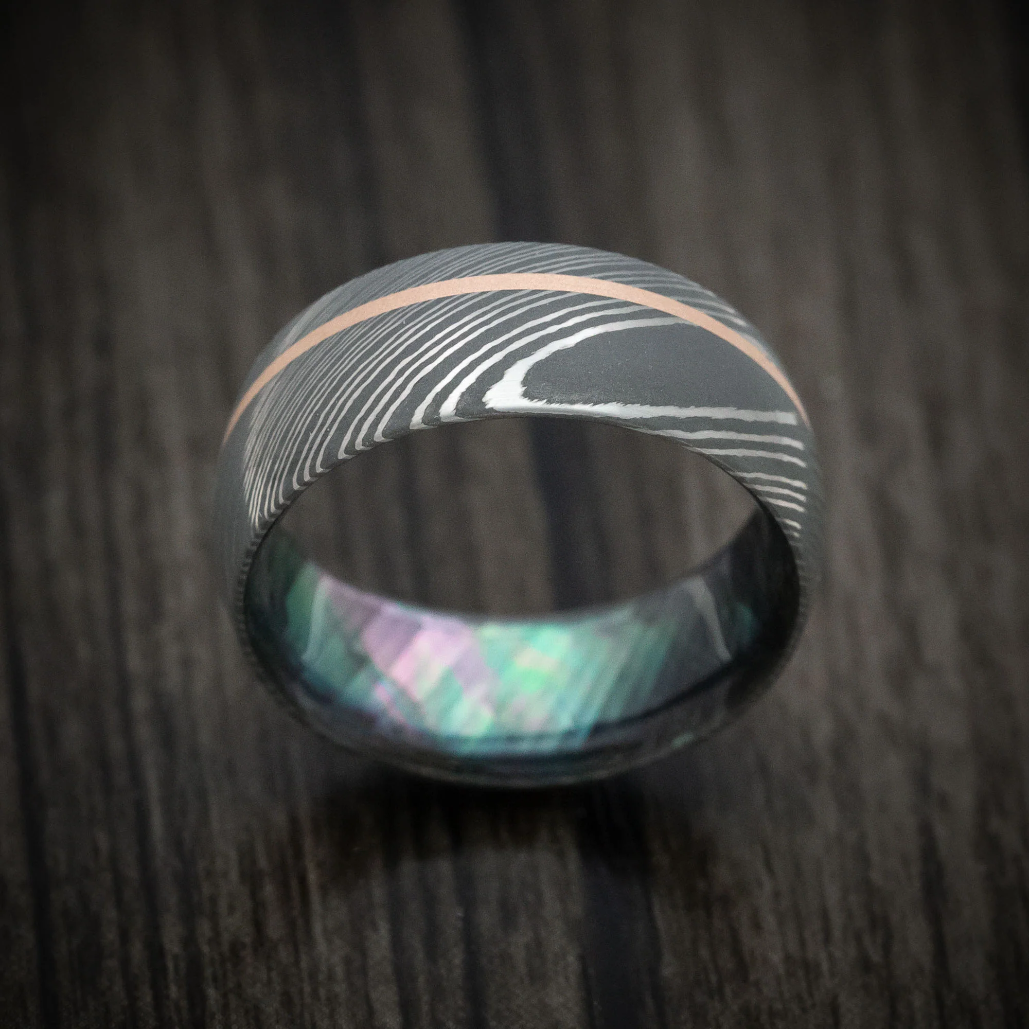 Damascus Steel and Black Mother of Pearl Men's Ring with 14K Gold Inlay - Image 2