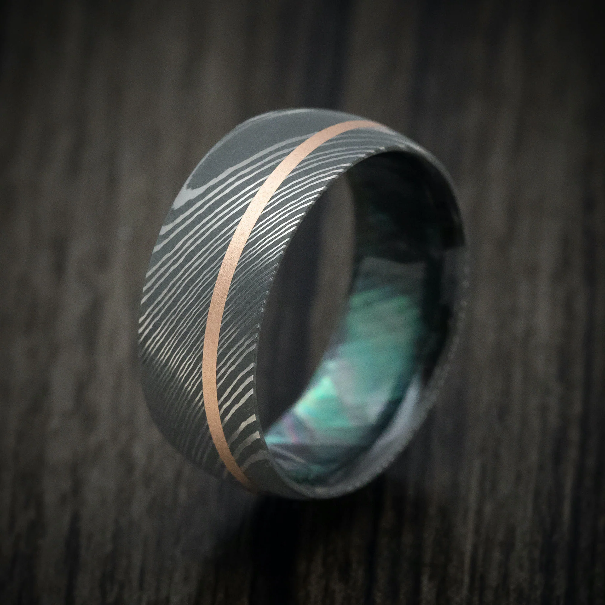 Damascus Steel and Black Mother of Pearl Men's Ring with 14K Gold Inlay - Image 4