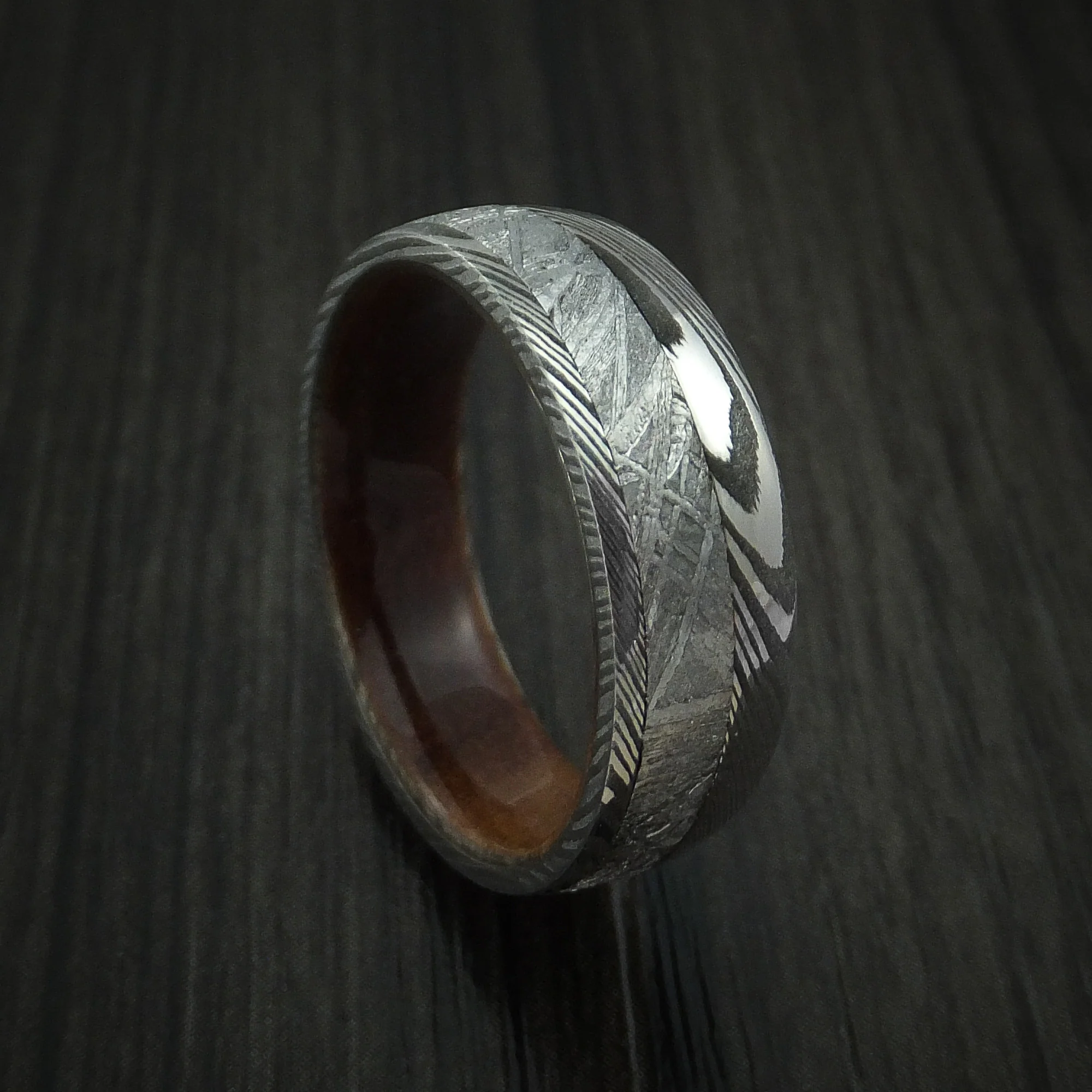 Damascus Steel and Gibeon Meteorite Men's Band with Hardwood Sleeve Custom Made Men's Band