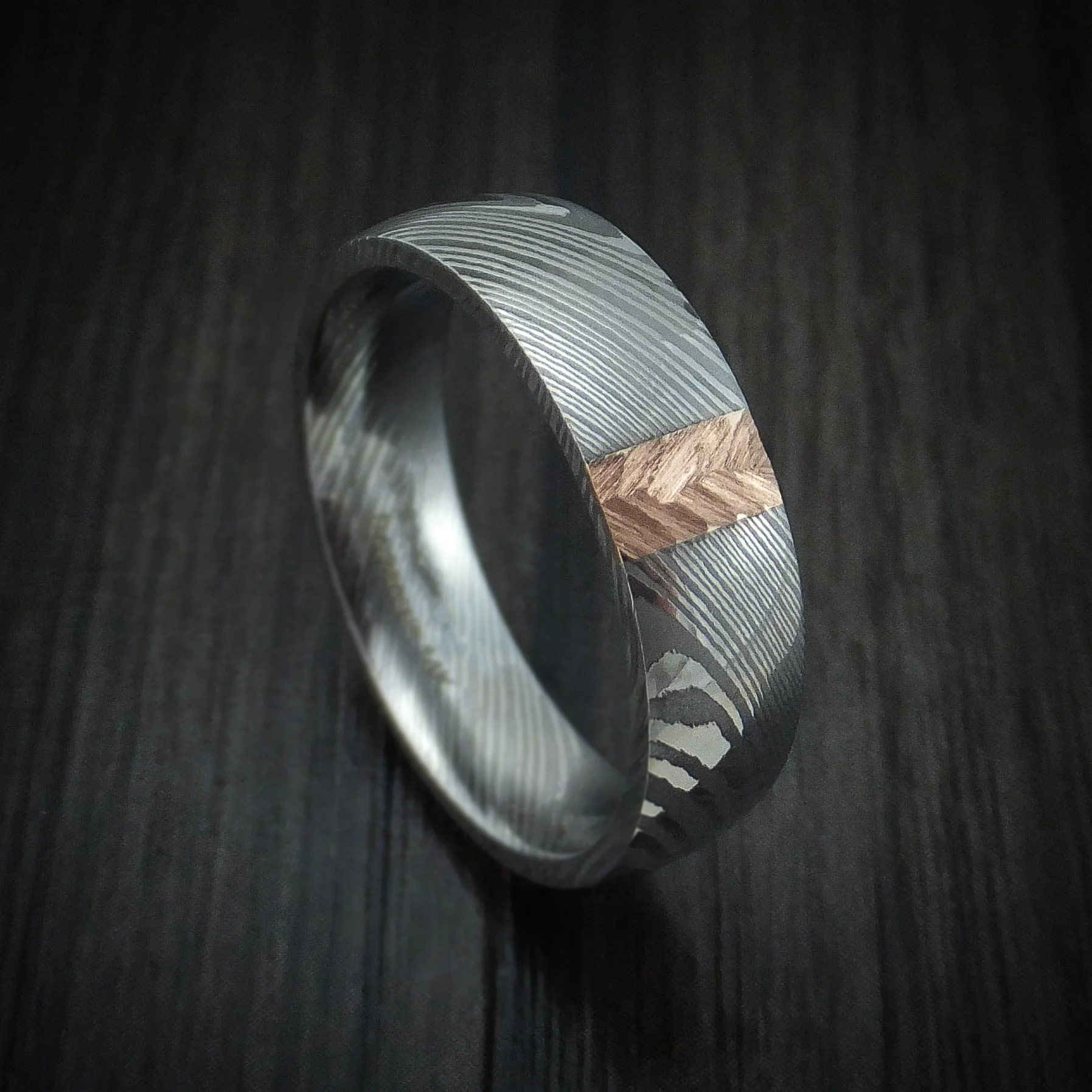 Damascus Steel and Gold Men's Ring with Feather Texture Custom Made Band