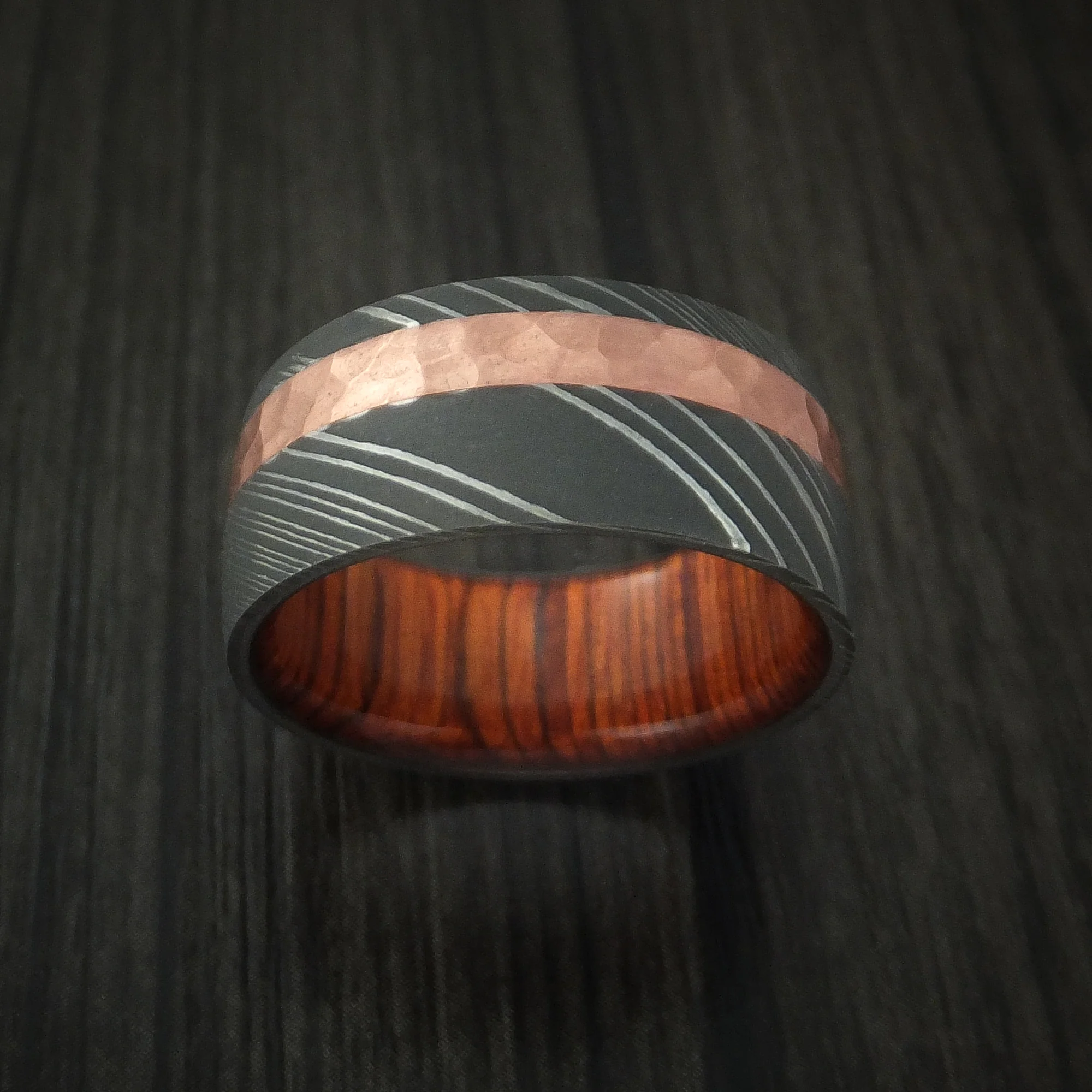 Damascus Steel and Hammered Copper Men's Ring with Cocobolo Hardwood Sleeve Custom Made - Image 2