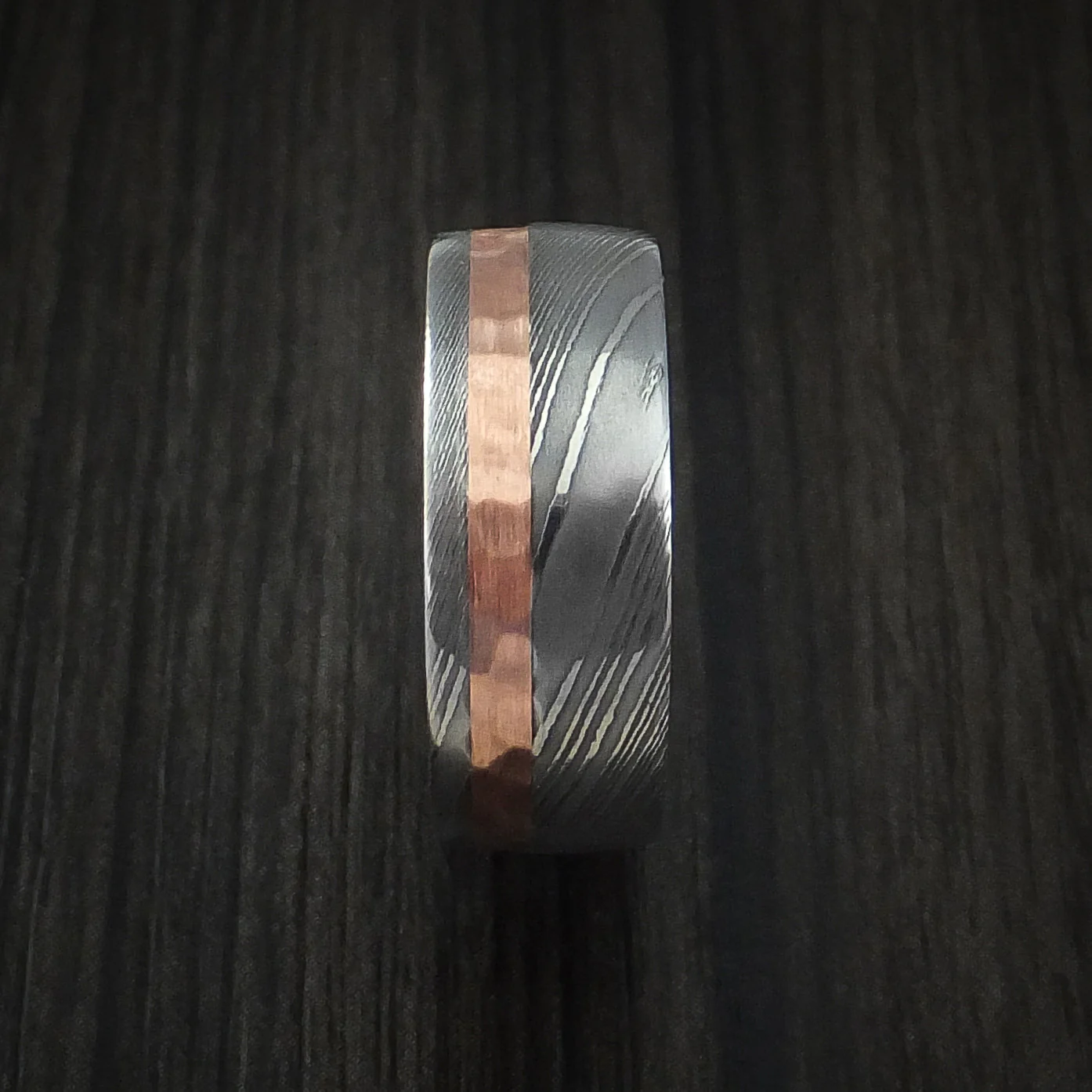 Damascus Steel and Hammered Copper Men's Ring with Hardwood Sleeve Custom Made - Image 3