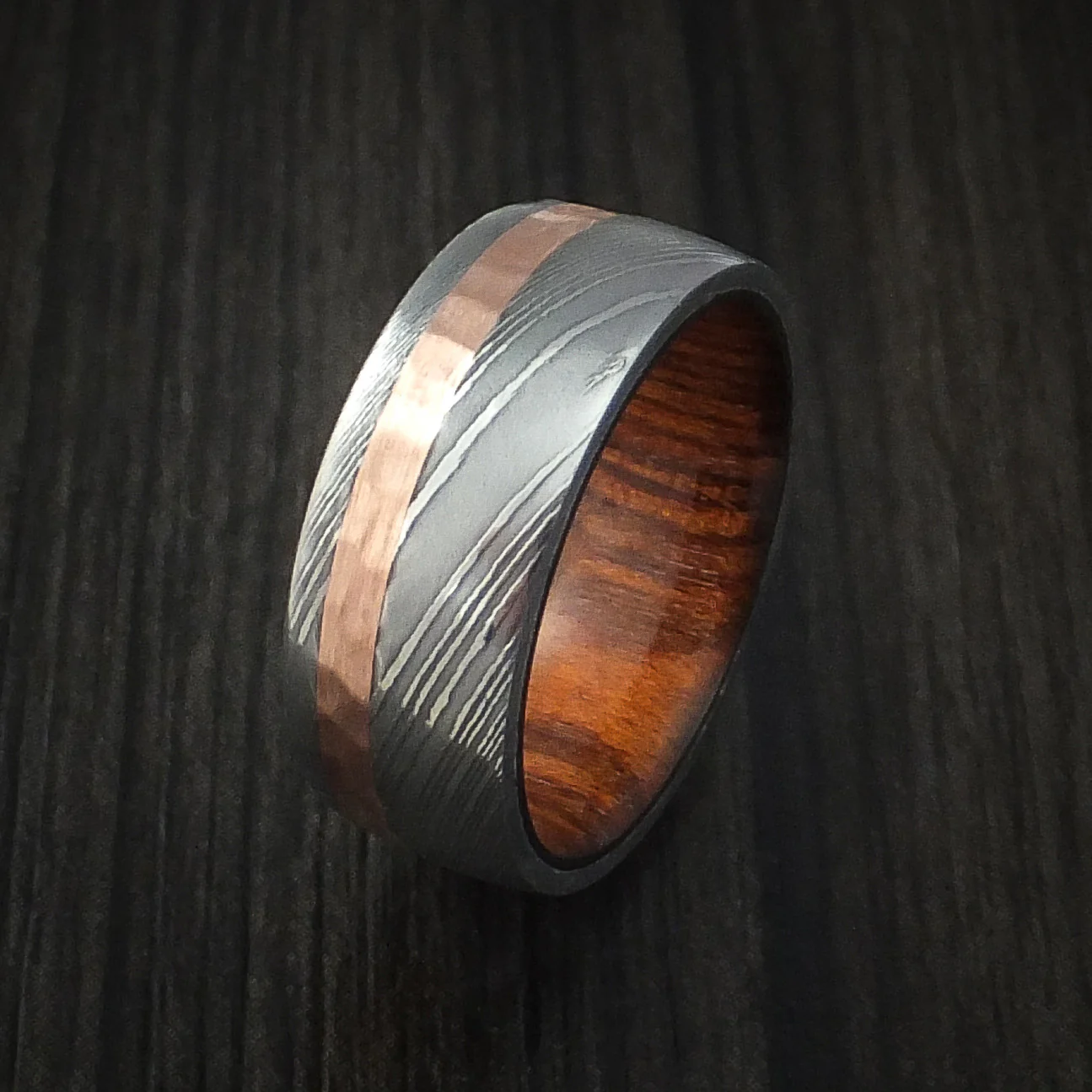 Damascus Steel and Hammered Copper Men's Ring with Hardwood Sleeve Custom Made - Image 4