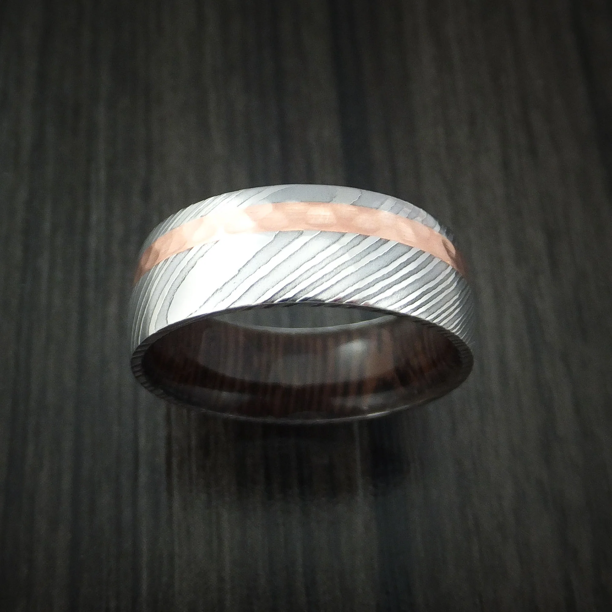 Damascus Steel and Hammered Copper Men's Ring with Wenge Wood Hardwood Sleeve Custom Made - Image 2