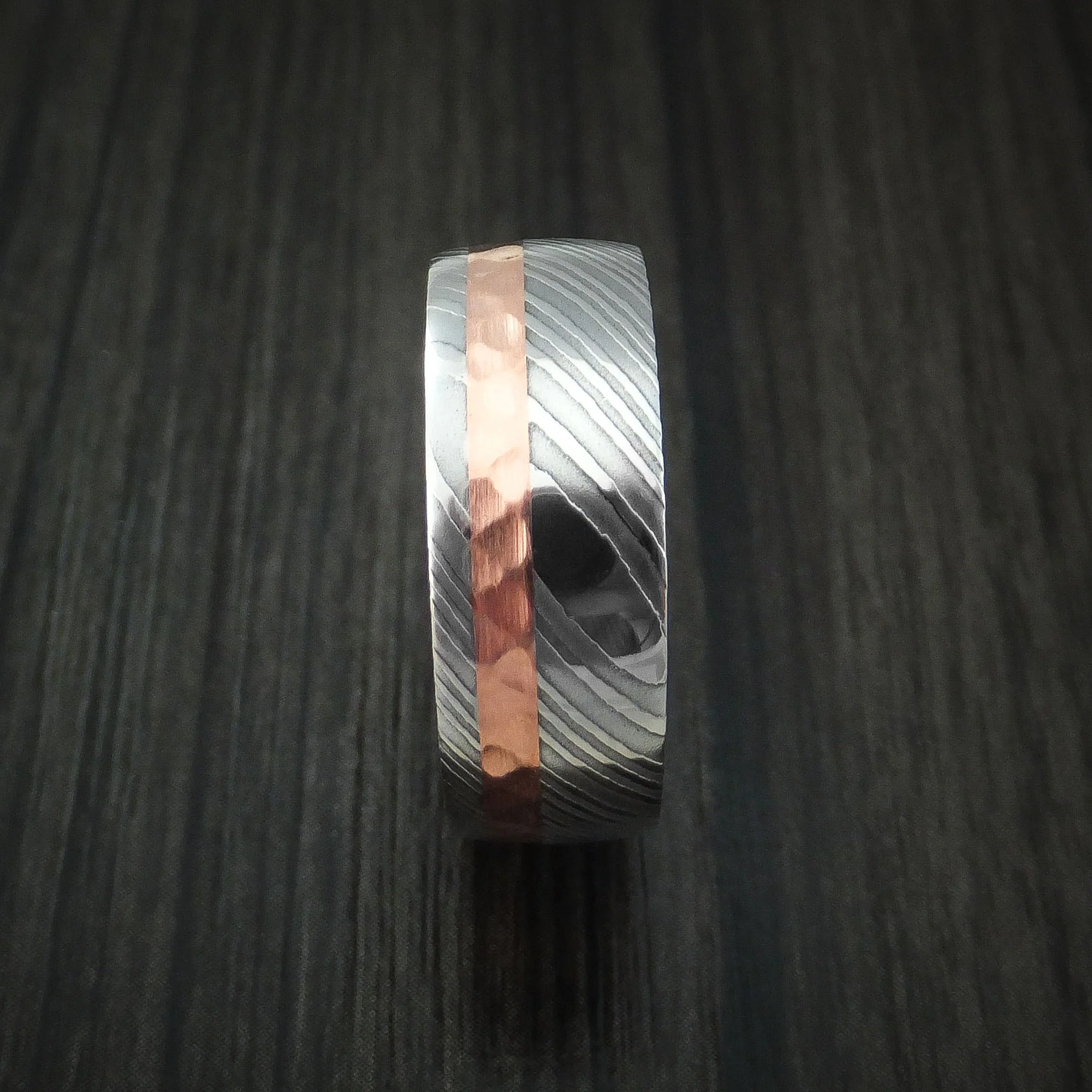 Damascus Steel and Hammered Copper Men's Ring with Wenge Wood Hardwood Sleeve Custom Made - Image 3