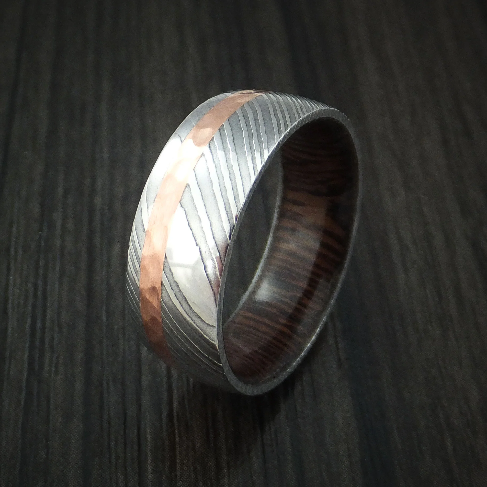 Damascus Steel and Hammered Copper Men's Ring with Wenge Wood Hardwood Sleeve Custom Made - Image 4