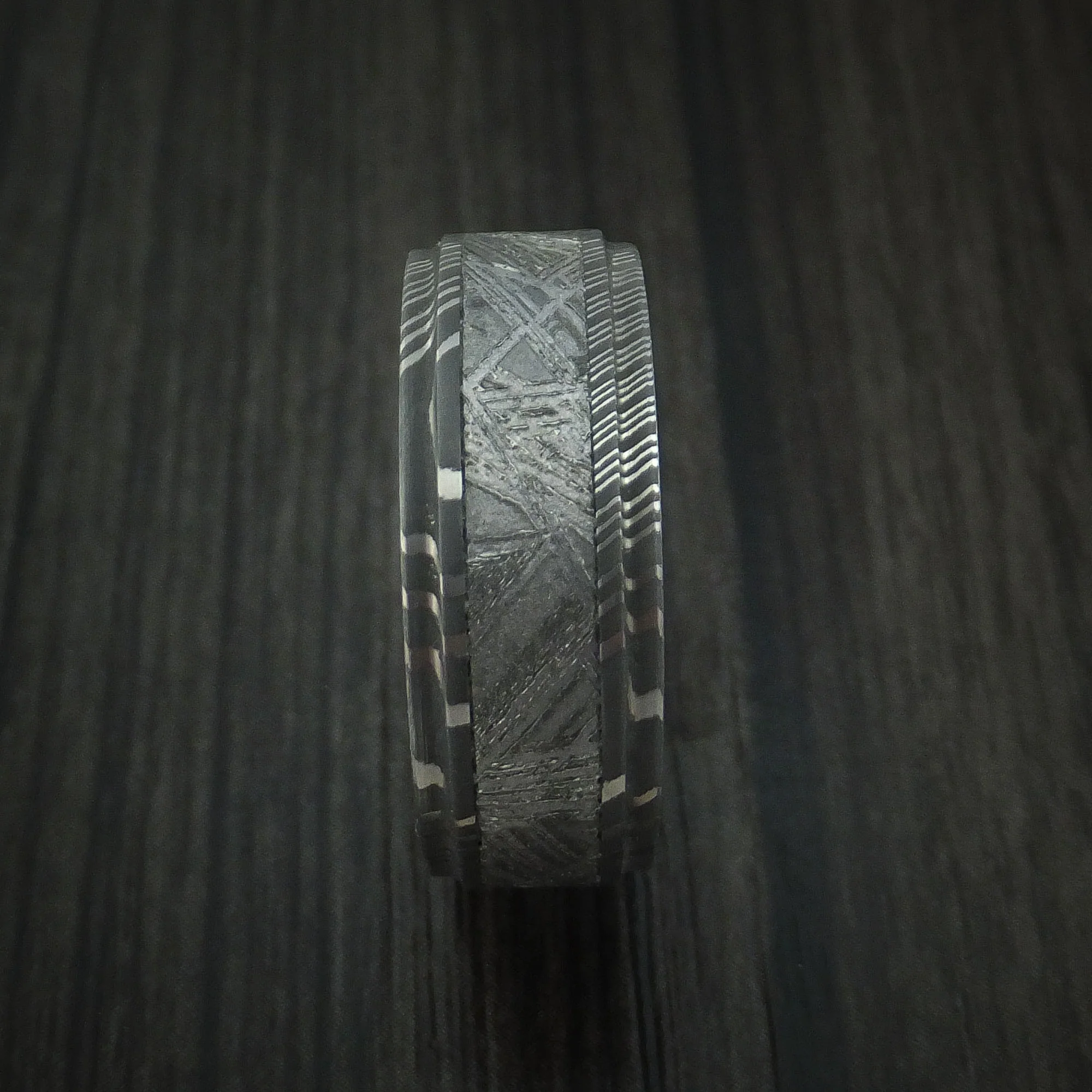 Damascus Steel and Meteorite Men's Ring with Titanium Sleeve Custom Made Band - Image 3