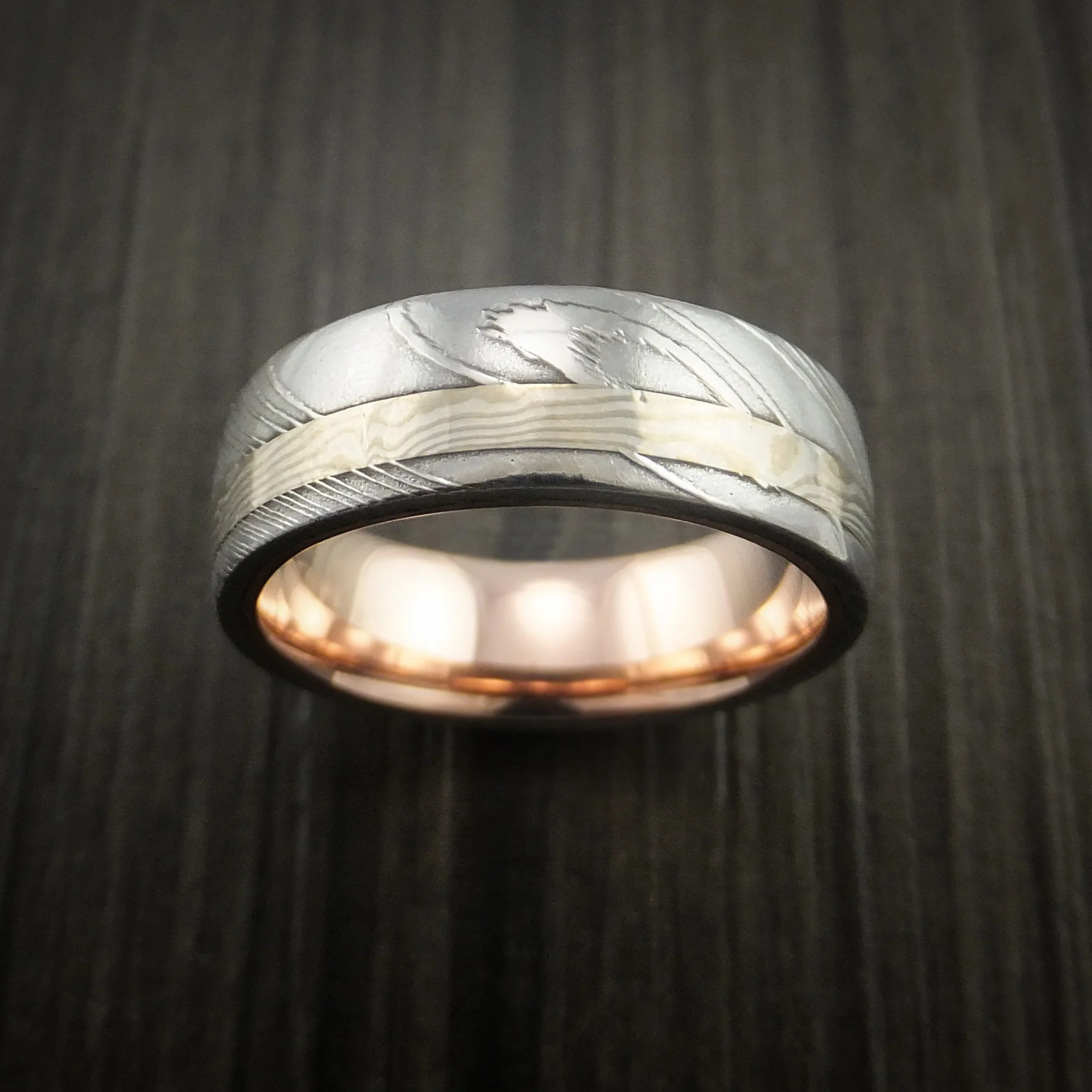 Damascus Steel and Mokume Gane Men's Ring with Rose Gold Sleeve Wedding Band Custom Made - Image 3