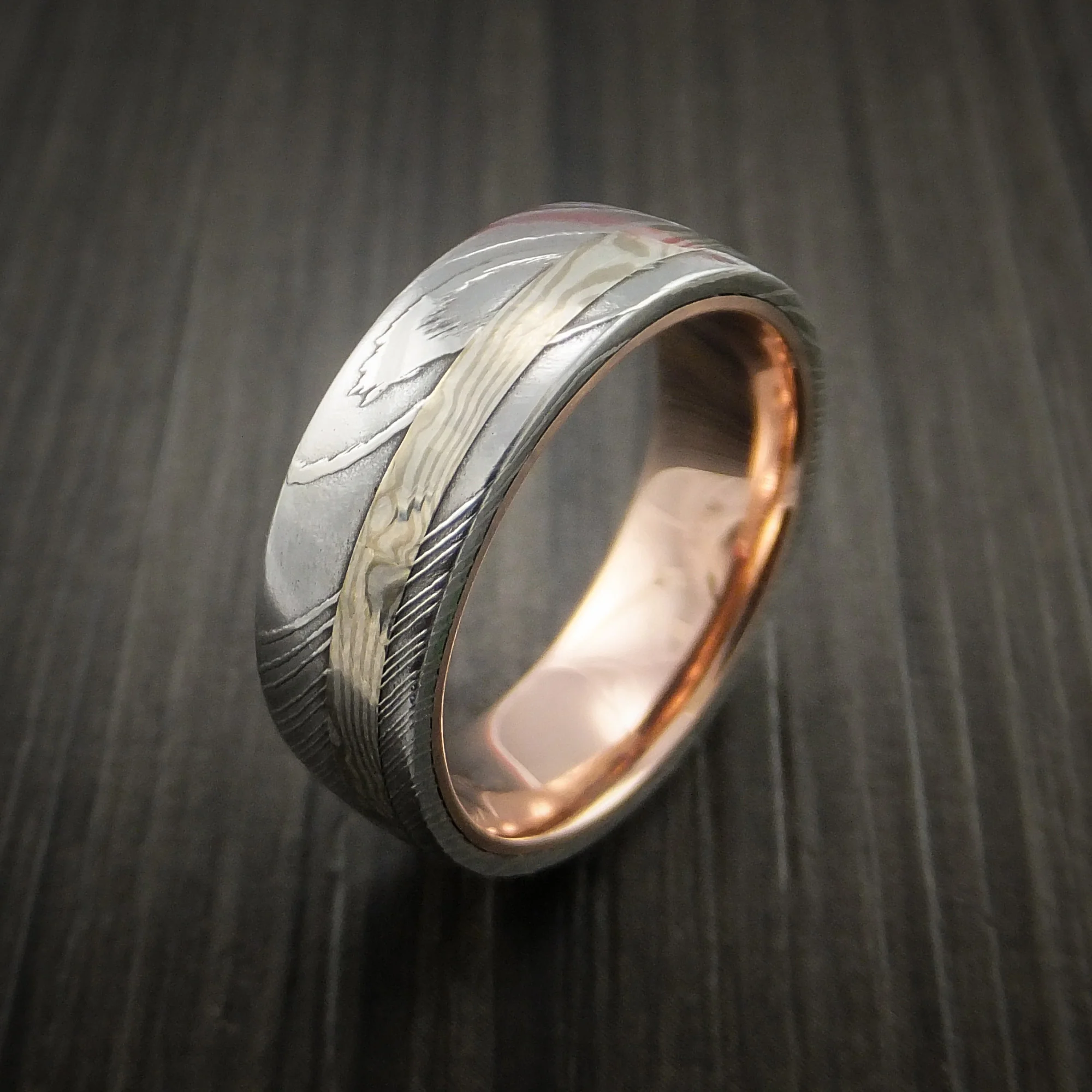 Damascus Steel and Mokume Gane Men's Ring with Rose Gold Sleeve Wedding Band Custom Made - Image 4