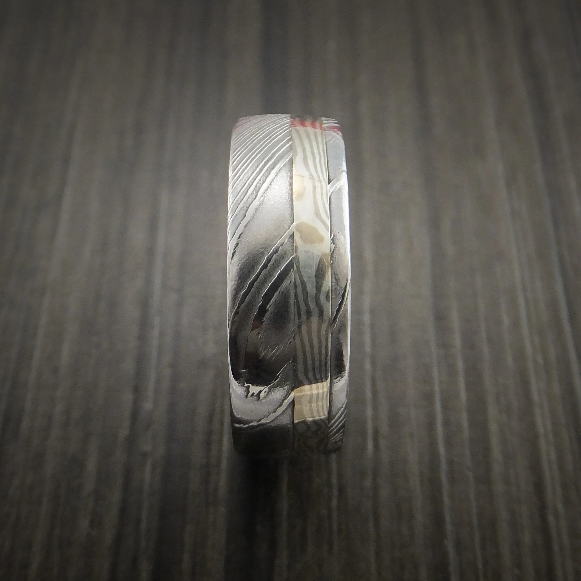 Damascus Steel and Mokume Gane Men's Ring with Rose Gold Sleeve Wedding Band Custom Made - Image 5