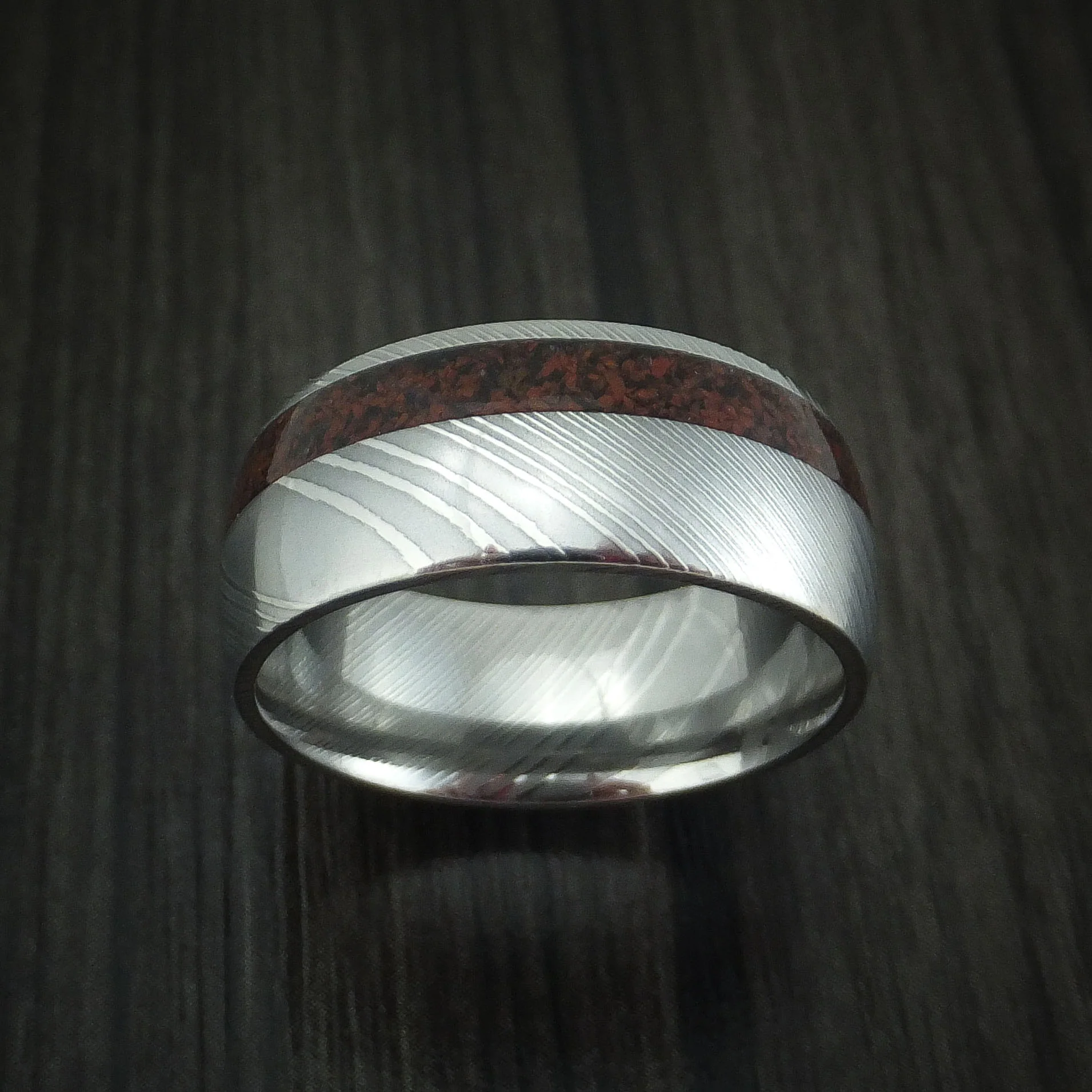 Damascus Steel and Red Dinosaur Bone Men's Ring Custom Made Fossil Band - Image 2