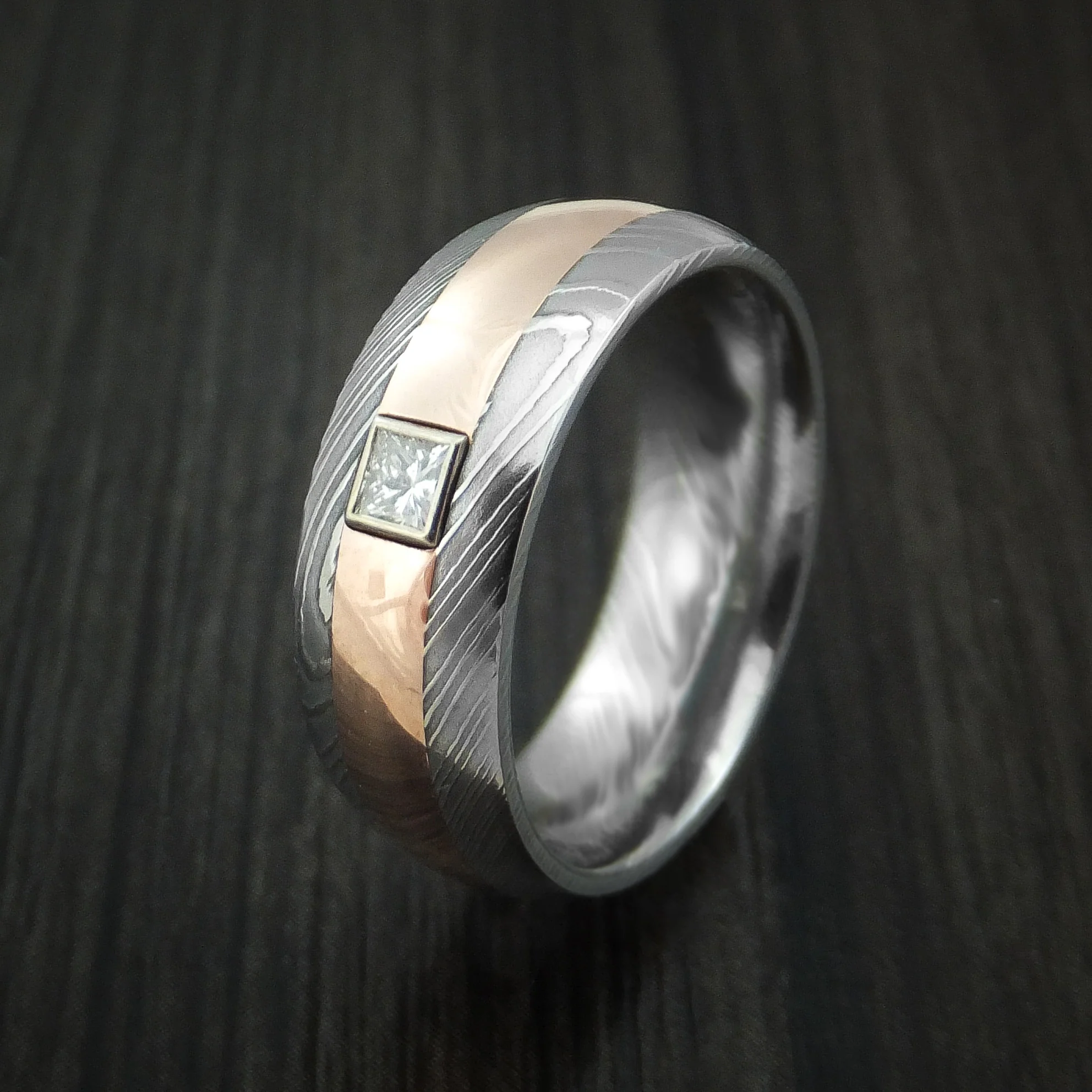 Damascus Steel and Rose Gold Band with Diamond Custom Made Men's Ring - Image 3