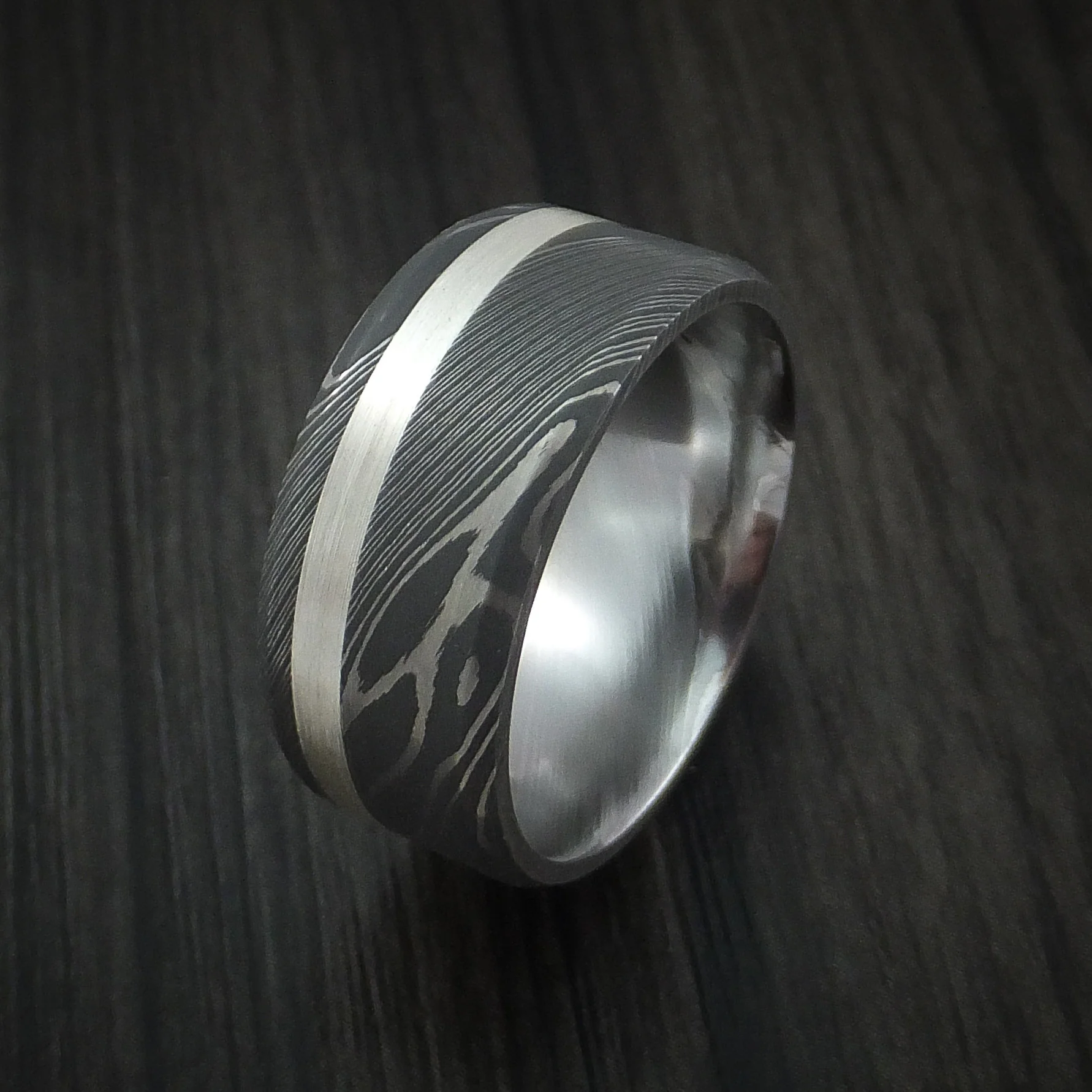 Damascus Steel and Silver Inlay Men's Ring Custom Made Band - Image 4