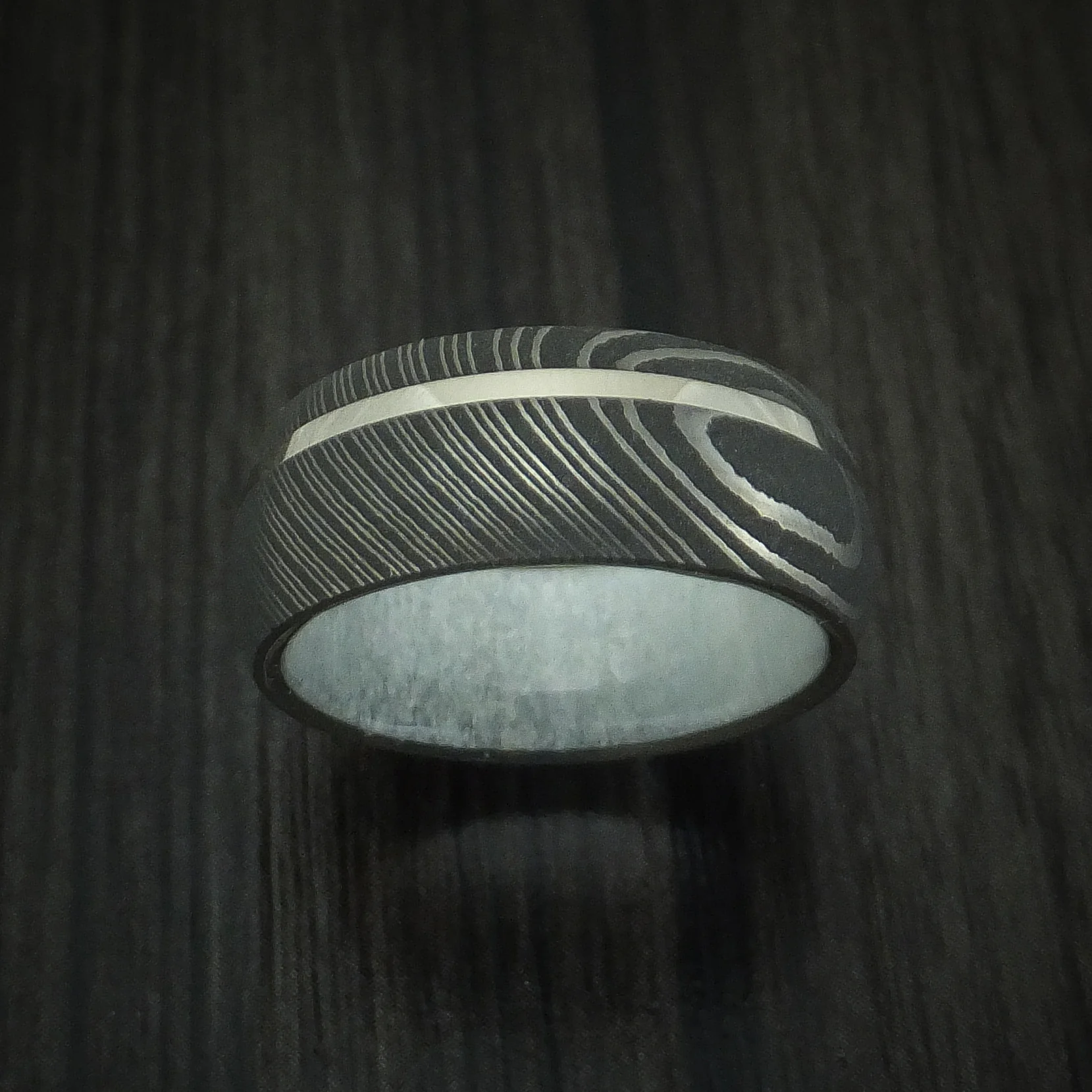 Damascus Steel Men's Band with 14k White Gold and Antler Sleeve Custom Made - Image 2