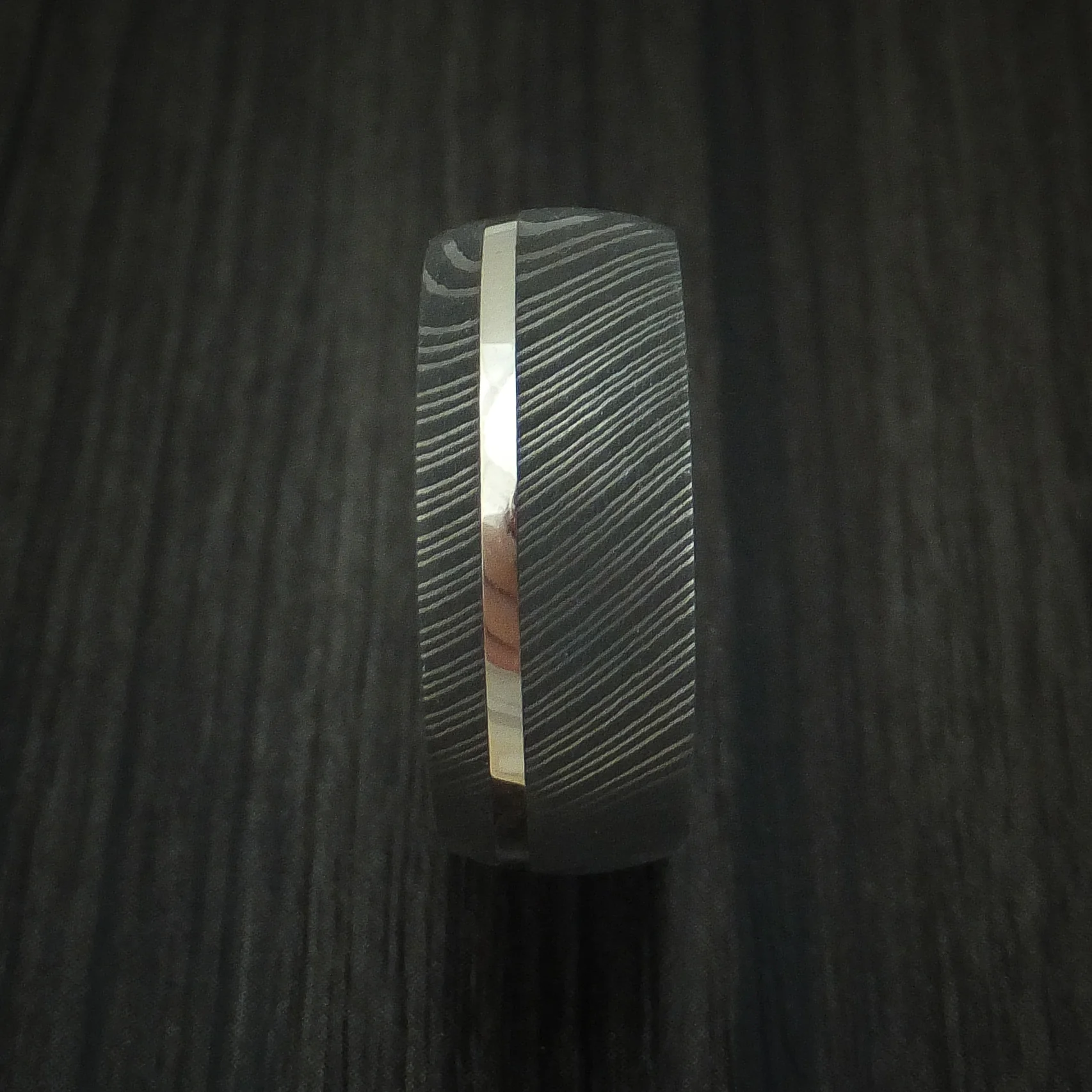 Damascus Steel Men's Band with 14k White Gold and Antler Sleeve Custom Made - Image 3