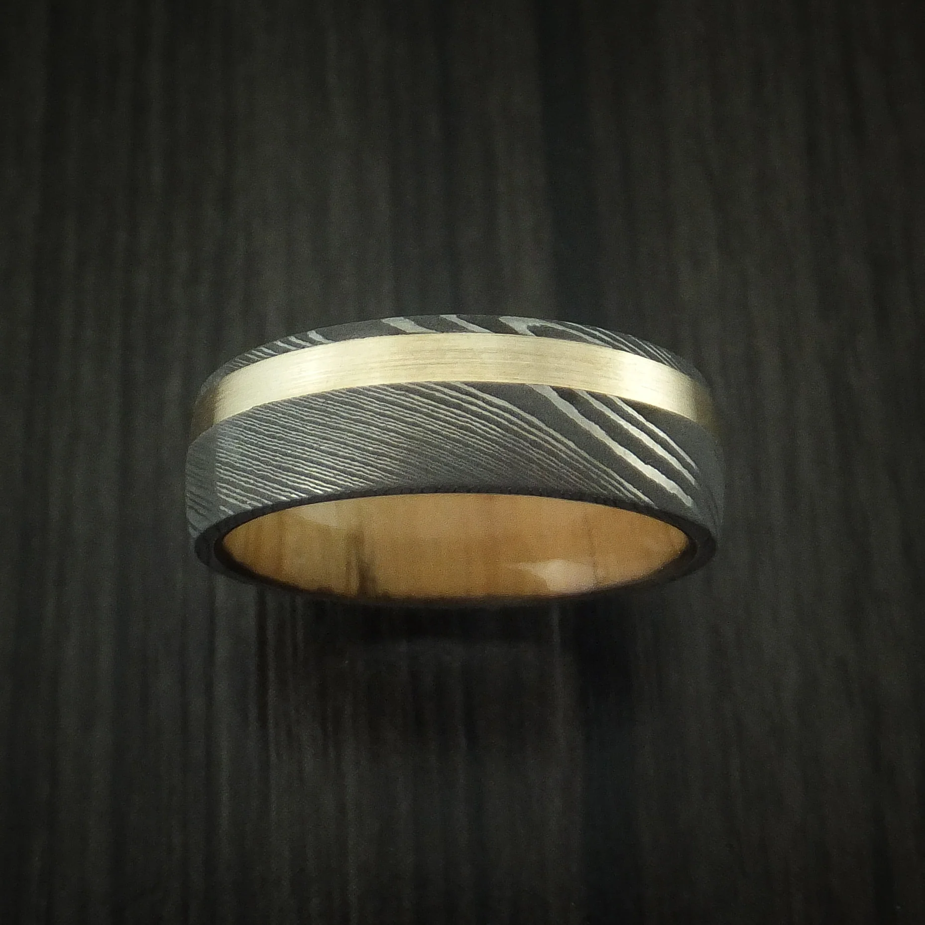 Damascus Steel Men's Band with 14k Yellow Gold and Olive Wood Sleeve Custom Made - Image 2