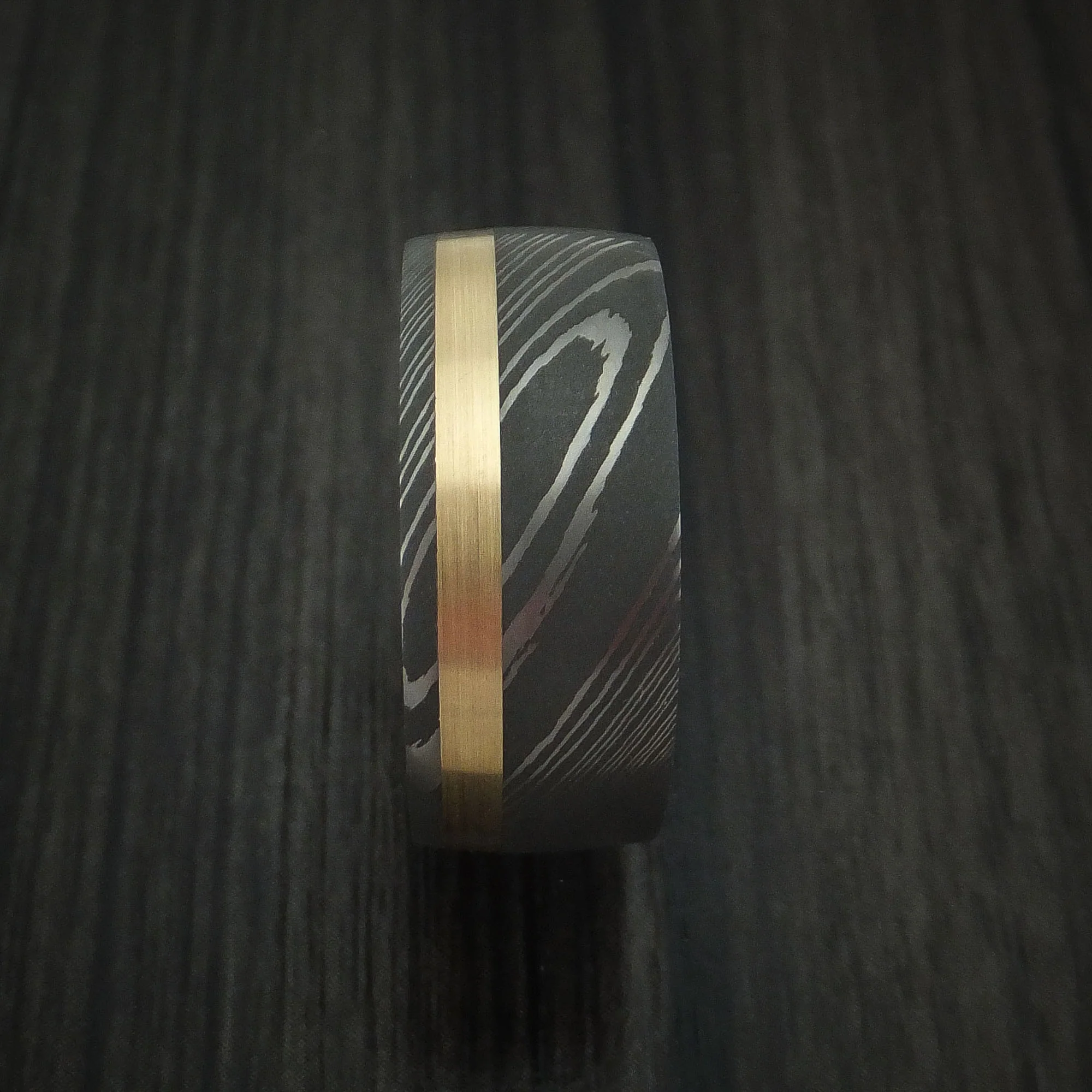 Damascus Steel Men's Band with 14k Yellow Gold and Whiskey Barrel Wood Sleeve Custom Made - Image 3
