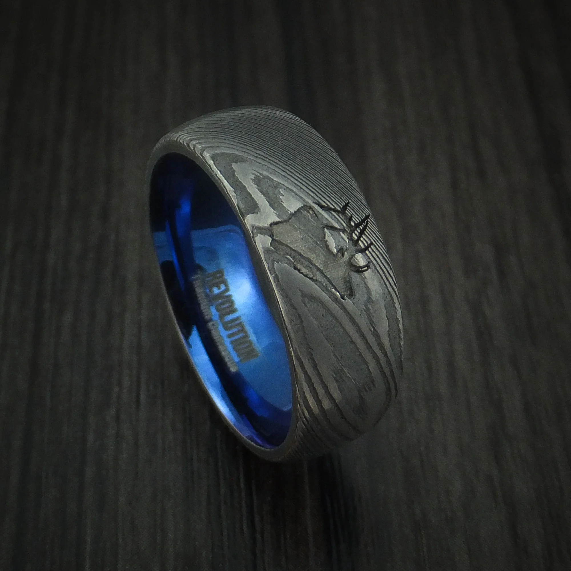 Damascus Steel Men's Band with Anodized Titanium Sleeve and Custom Elk Engraving Hunter's Men's Band