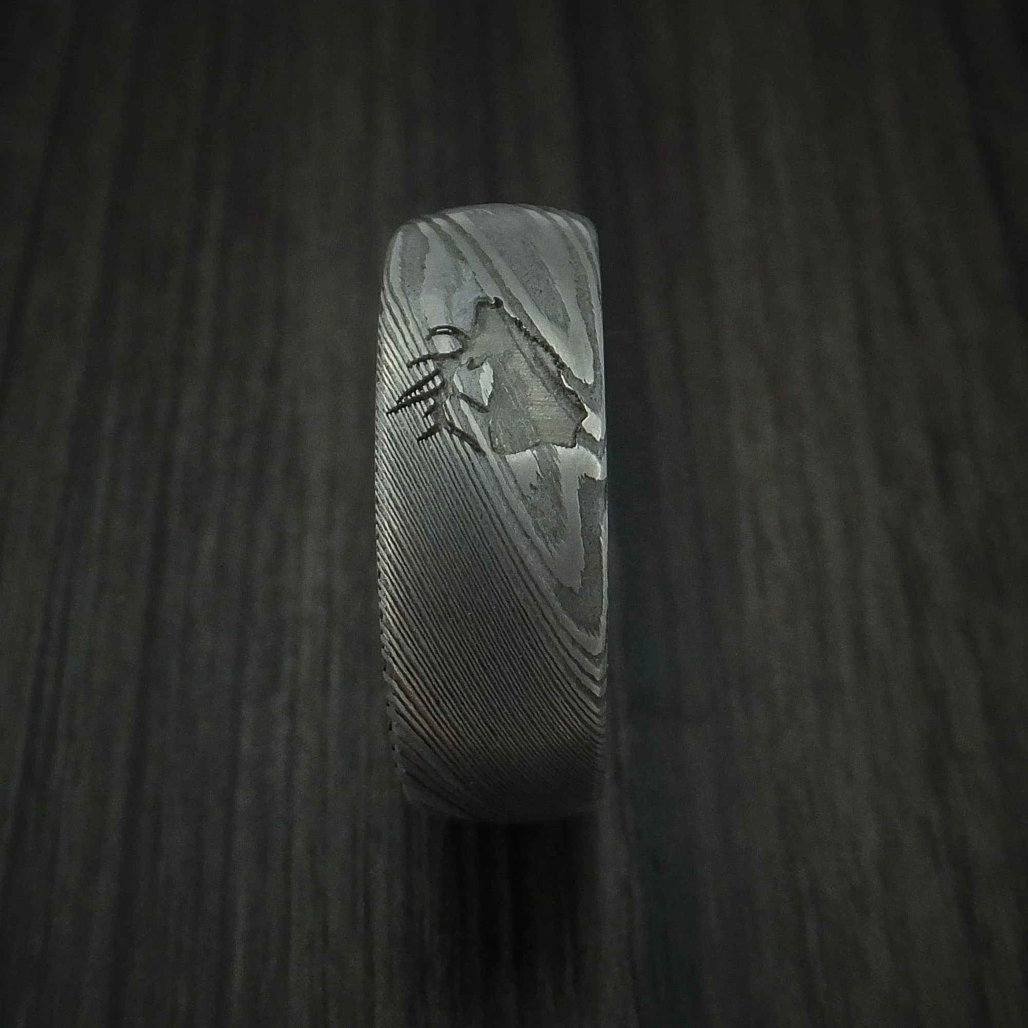 Damascus Steel Men's Band with Anodized Titanium Sleeve and Custom Elk Engraving Hunter's Men's Band - Image 3