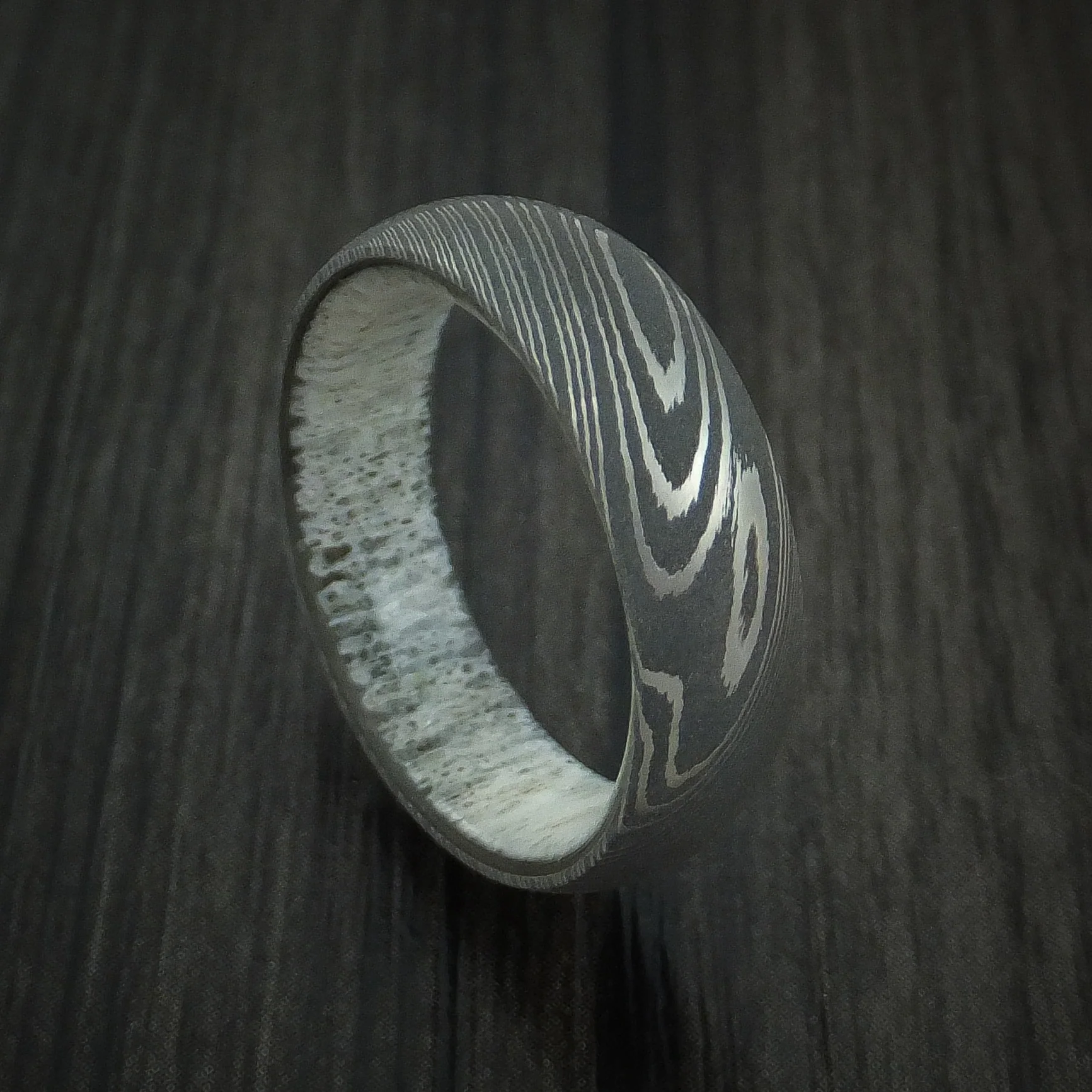 Damascus Steel Men's Band with Antler Sleeve Custom Made