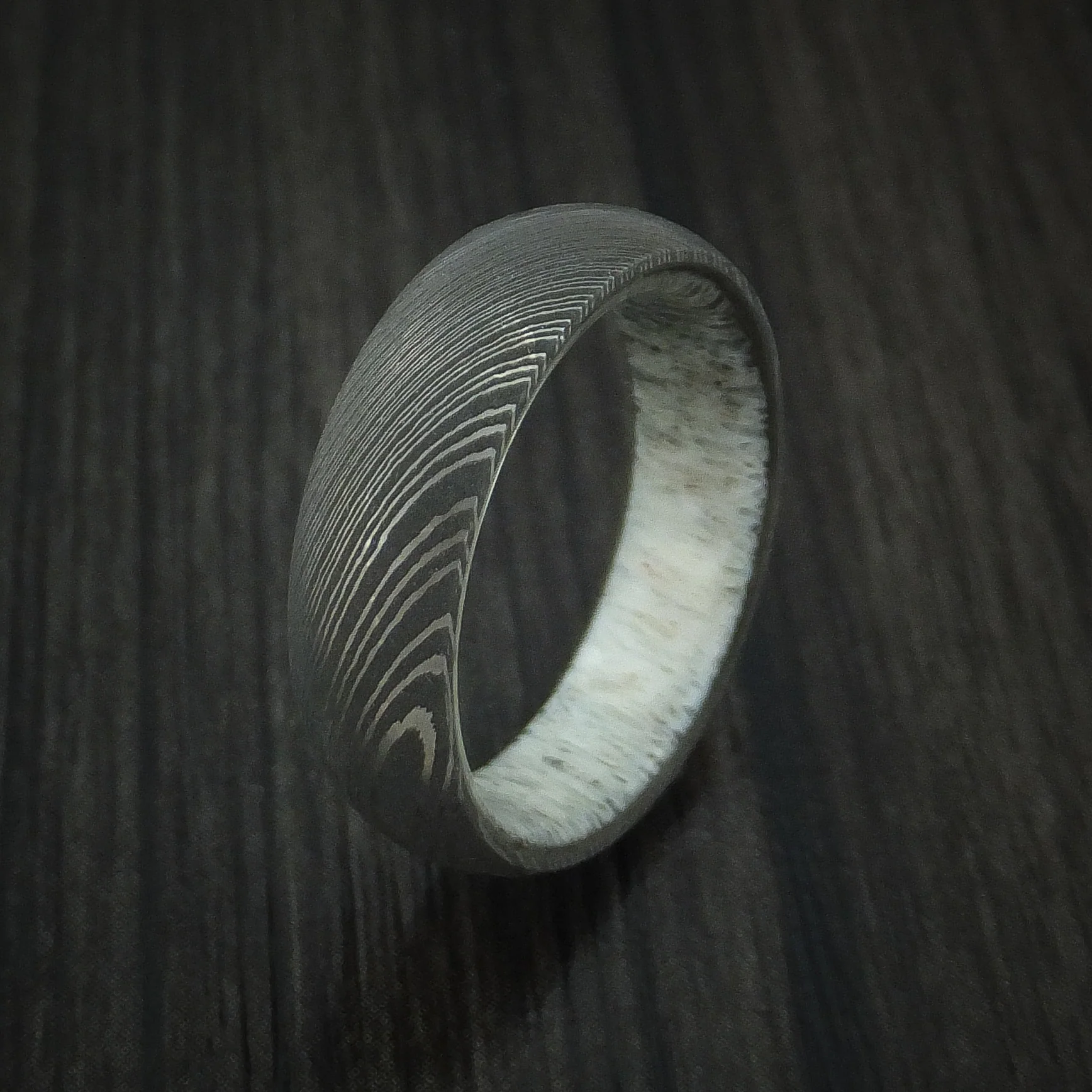 Damascus Steel Men's Band with Antler Sleeve Custom Made - Image 4