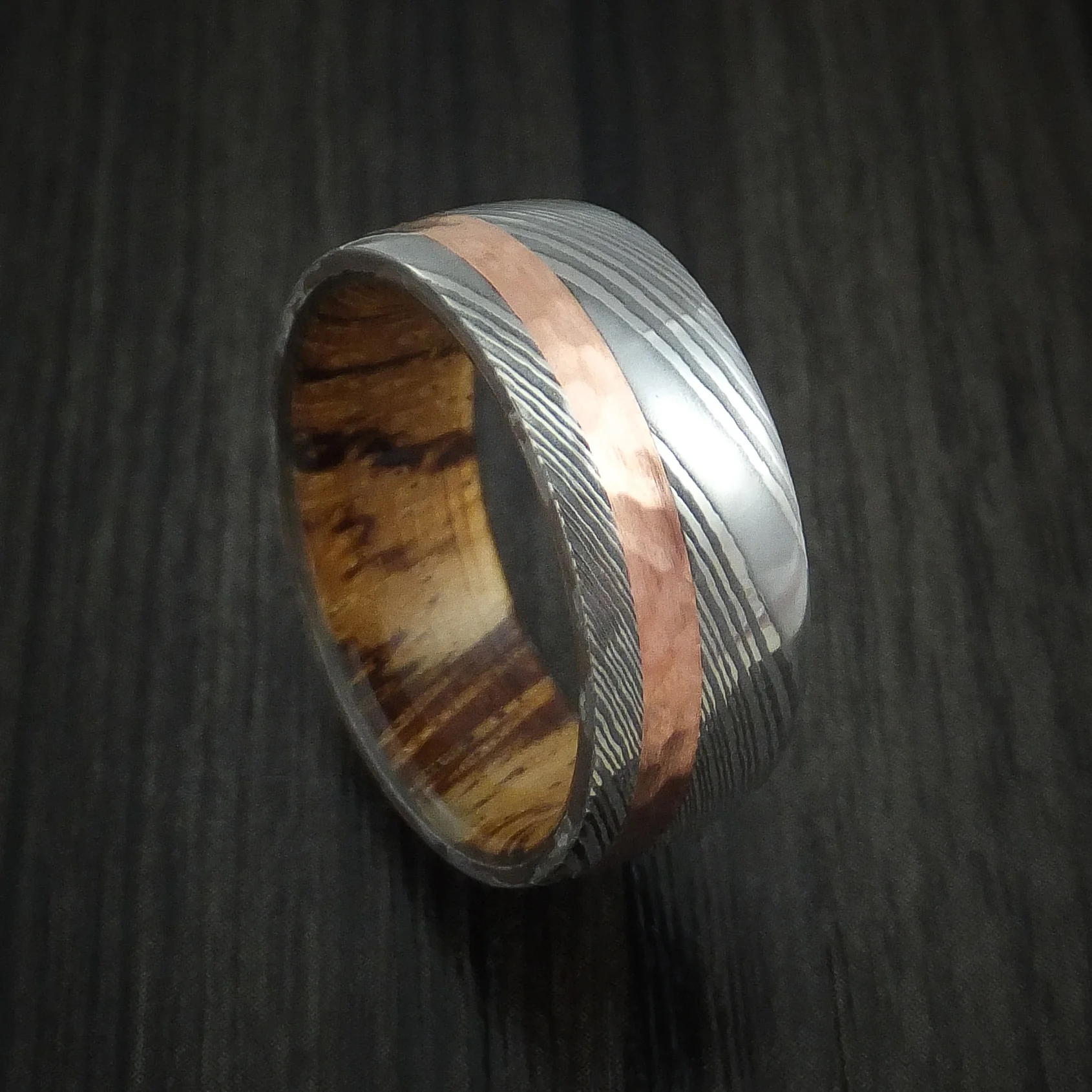 Damascus Steel Men's Band with Hammered 14k Rose Gold and Zebrawood Wood Sleeve Custom Made
