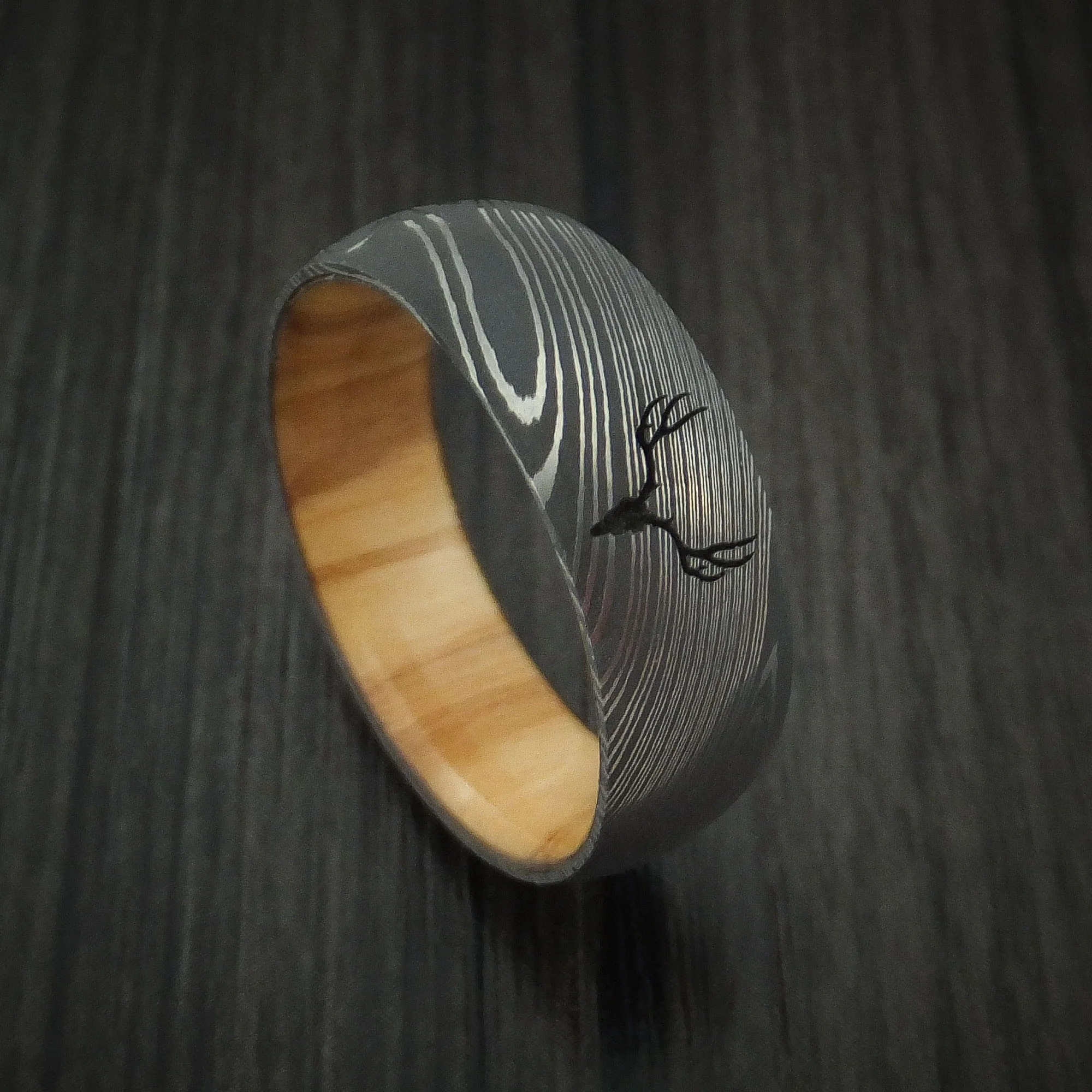 Damascus Steel Men's Band with Wood Sleeve and Custom Buck Engraving Custom Made Men's Band