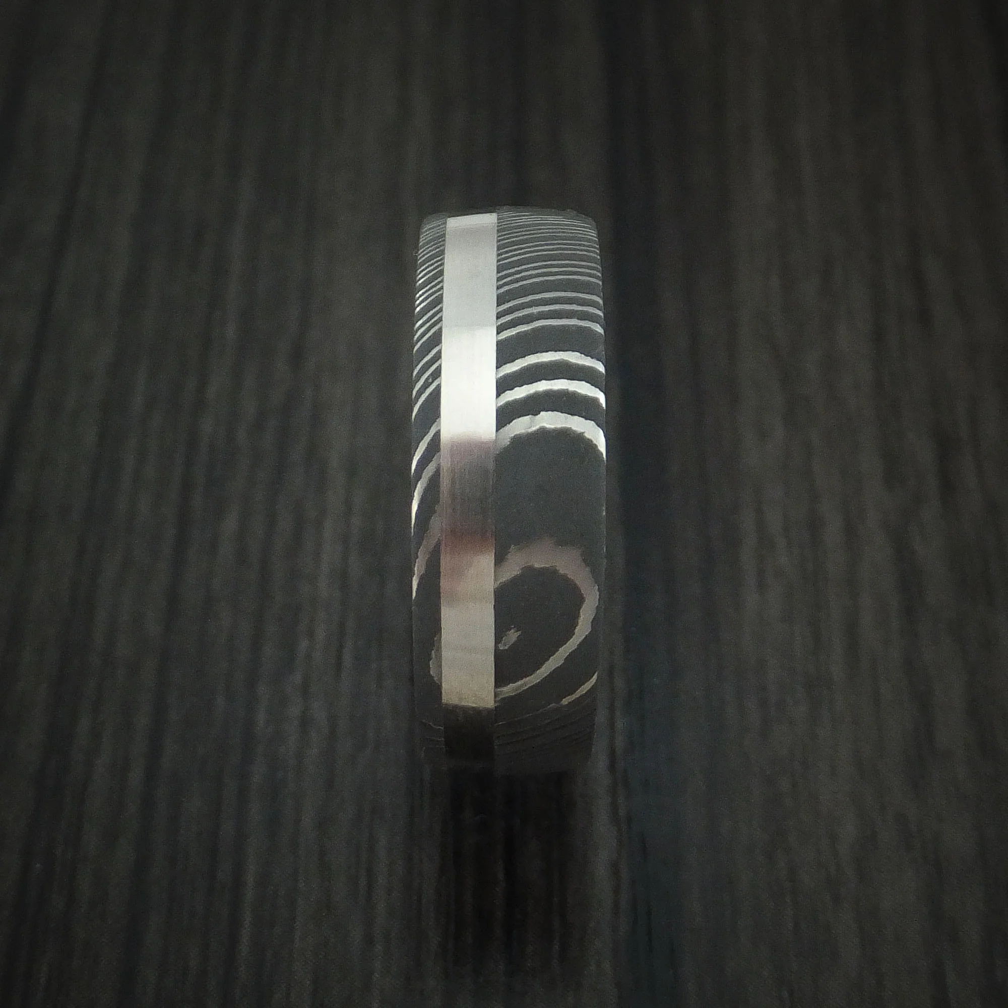 Damascus Steel Men's Band with Platinum and Purple Heart Wood Sleeve Custom Made - Image 3
