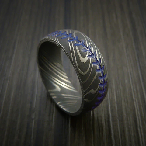 Damascus Steel Baseball Men's Ring with Acid Wash Finish - Image 7