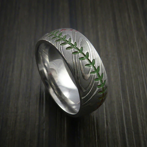 Damascus Steel Baseball Men's Ring with Polish Finish - Image 6