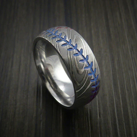 Damascus Steel Baseball Men's Ring with Polish Finish - Image 7
