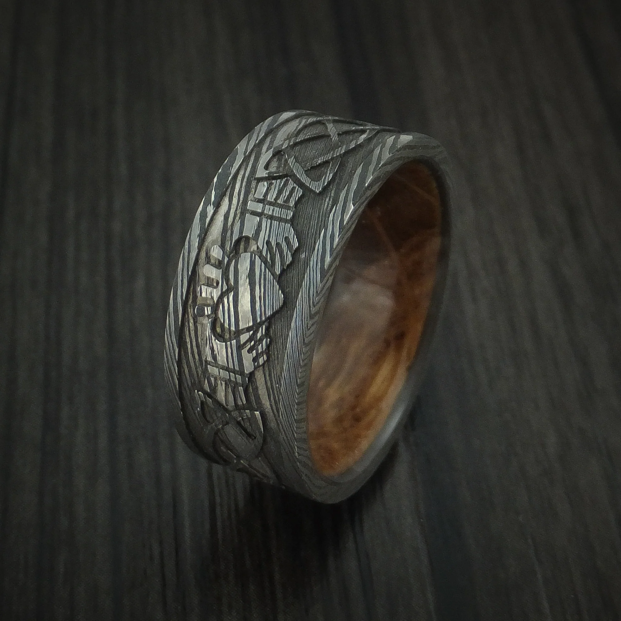 Damascus Steel Celtic Claddagh Men's Ring Design with Hardwood Sleeve - Image 4