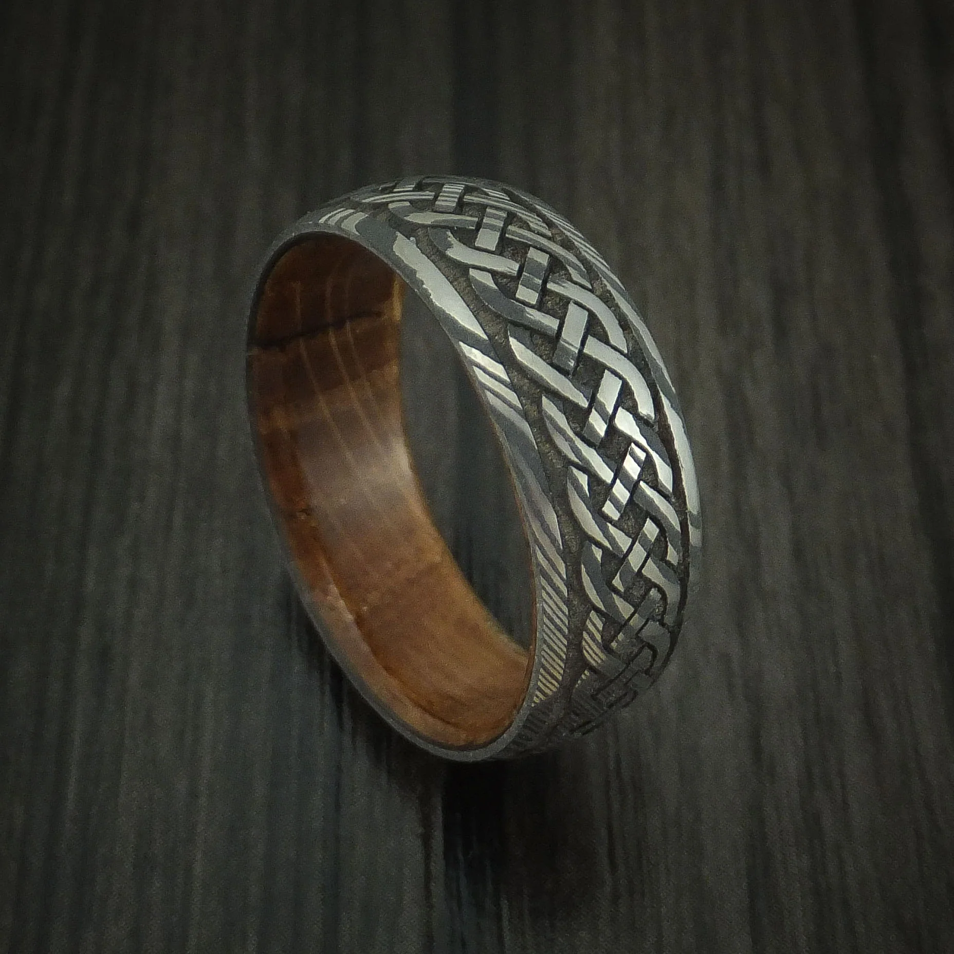 Damascus Steel Celtic Knot Men's Band with Whiskey Barrel Wood Sleeve Custom Made