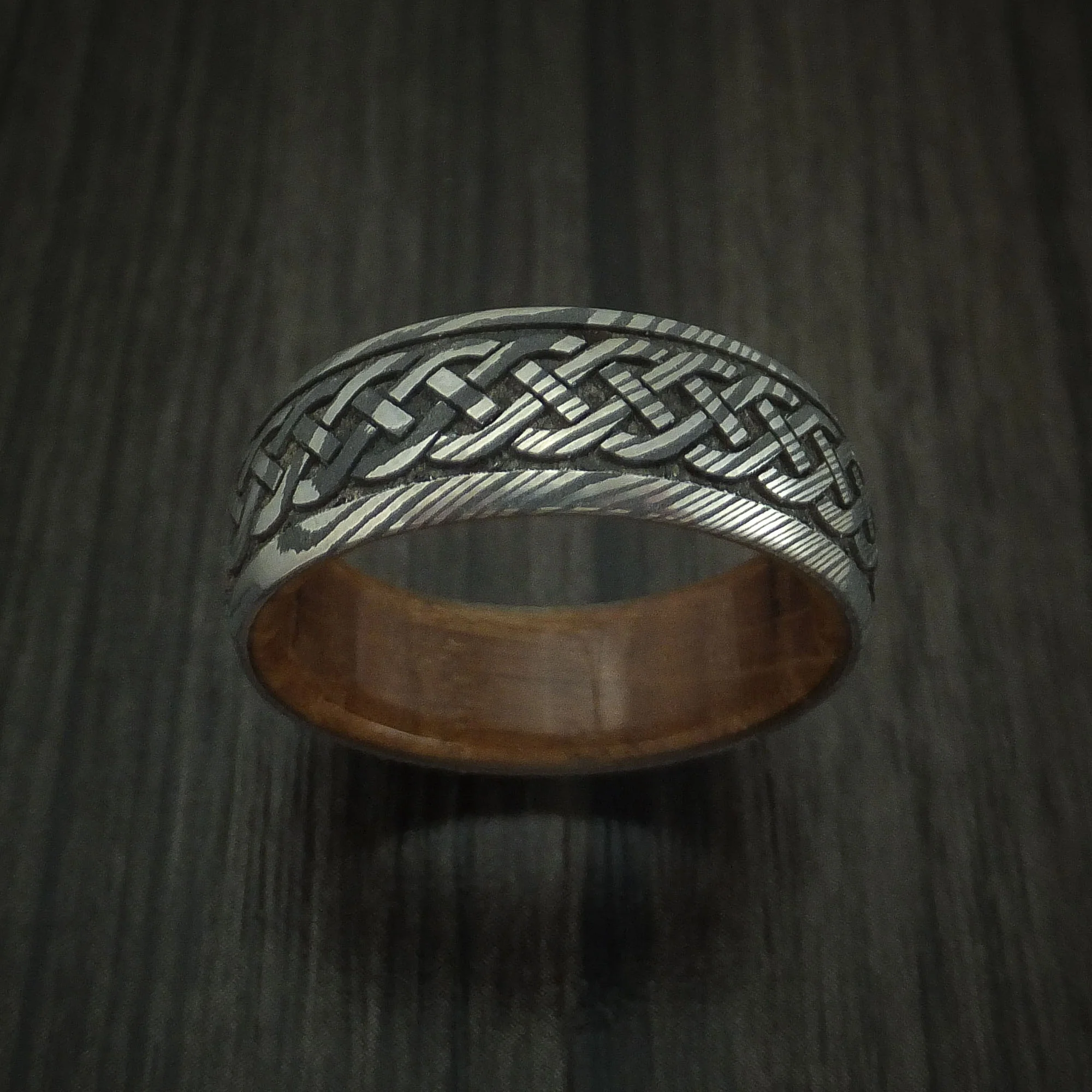 Damascus Steel Celtic Knot Men's Band with Whiskey Barrel Wood Sleeve Custom Made - Image 2