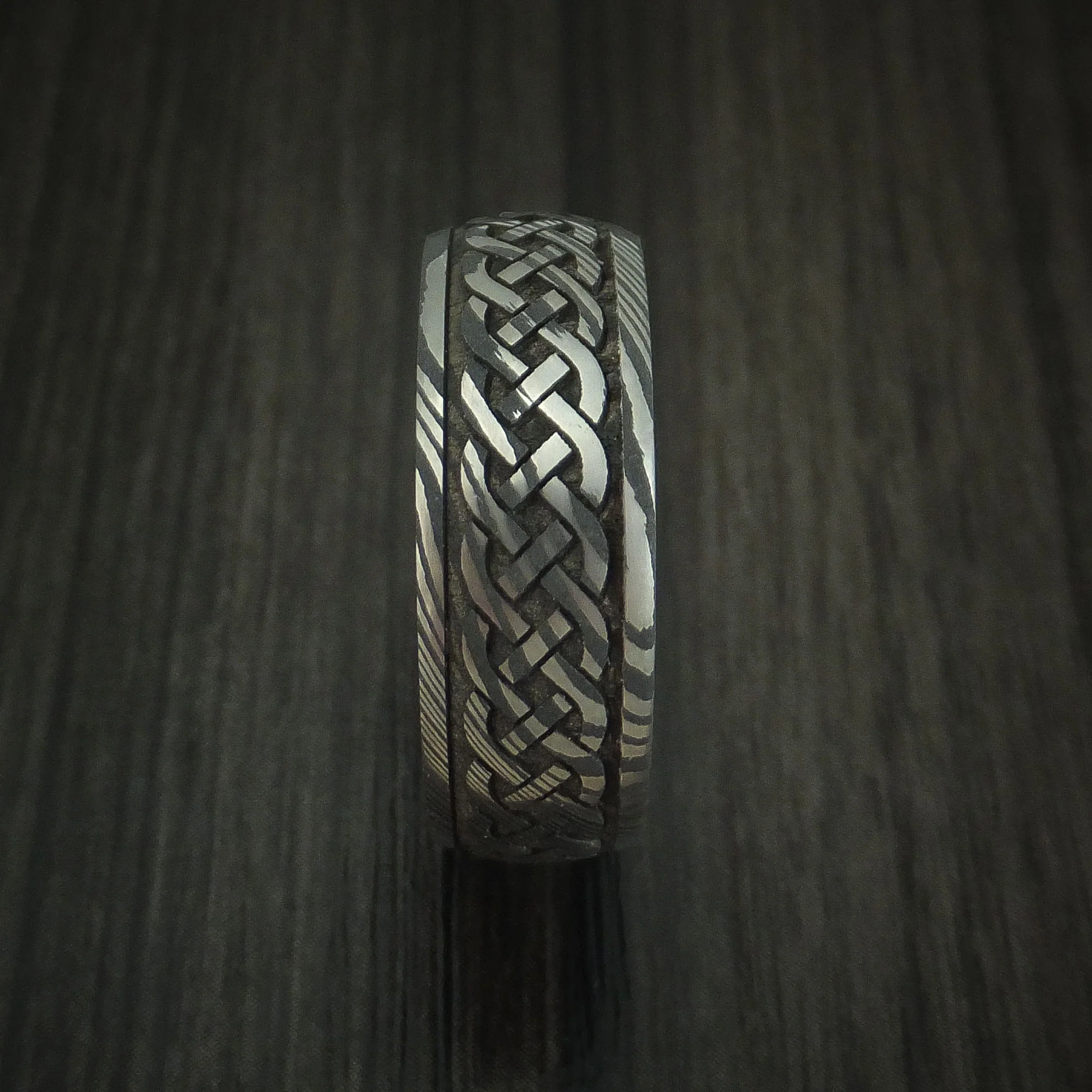 Damascus Steel Celtic Knot Men's Band with Whiskey Barrel Wood Sleeve Custom Made - Image 3