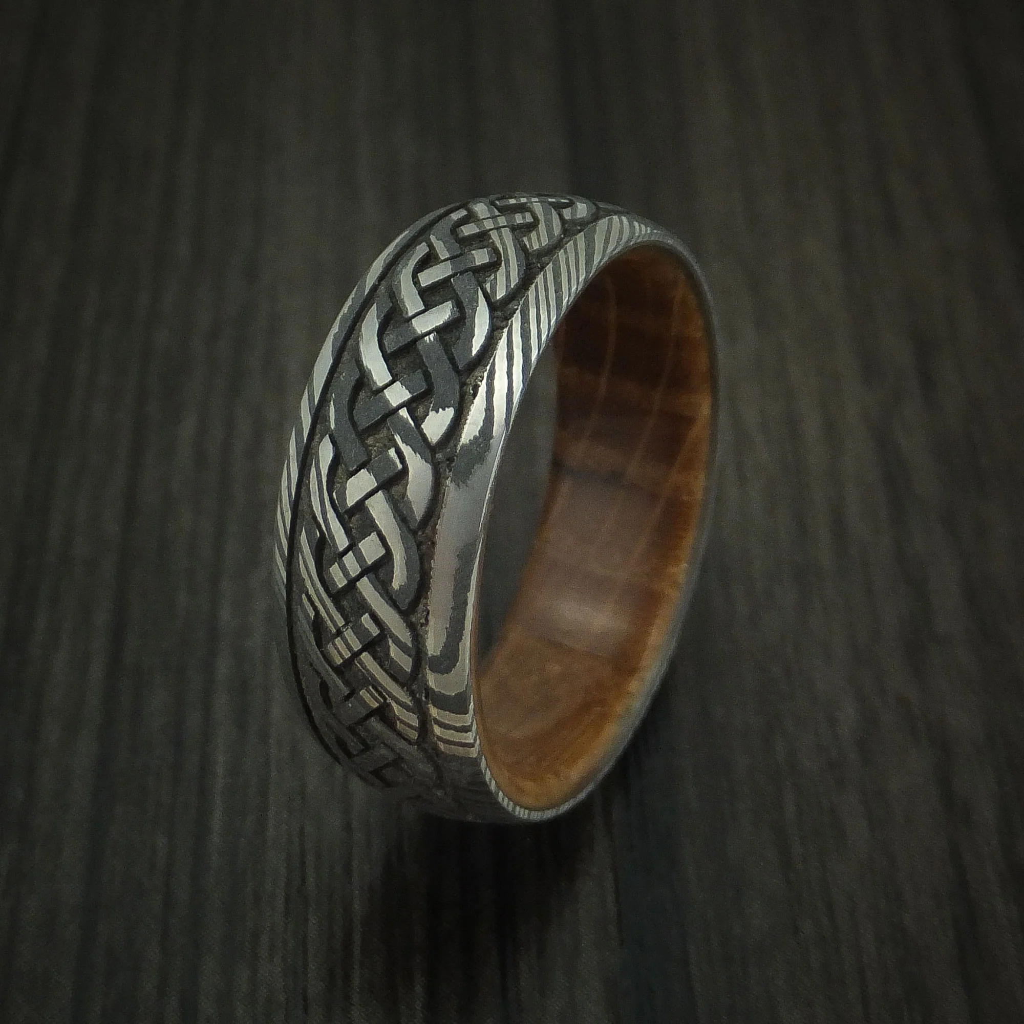 Damascus Steel Celtic Knot Men's Band with Whiskey Barrel Wood Sleeve Custom Made - Image 4