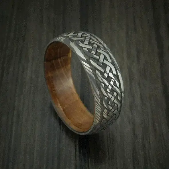 Damascus Steel Celtic Knot Men's Band with Whiskey Barrel Wood Sleeve Custom Made - Image 5